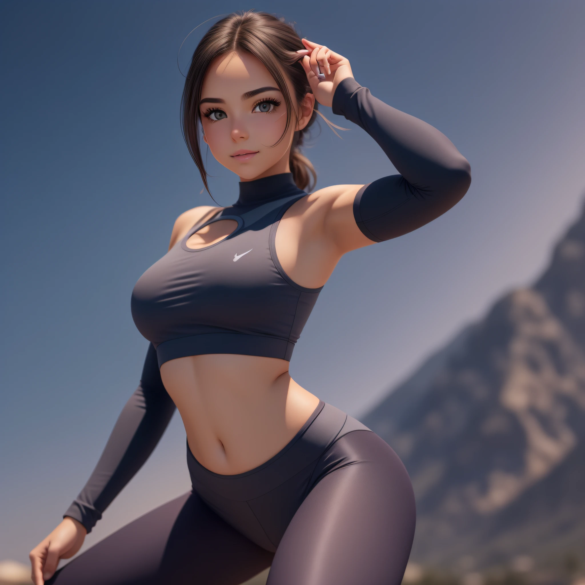 ly beautiful girl, mountain view background, mild wind blowing, short messy brunette hair, ponytail, heterochromia brown and grey, minimal Yoga clothes, hourglass body, little smile, open-minded, yoga studio, Full body Beautiful anime style girl, sweat legs, clean detailed faces, intricated clothing, analogous colors, glowing shadows, beautiful gradient, depth of field, clean image, high quality, high detail, high definition, Luminous Studio graphics engine, cute face, slim waist, nice hips, vibrant colors