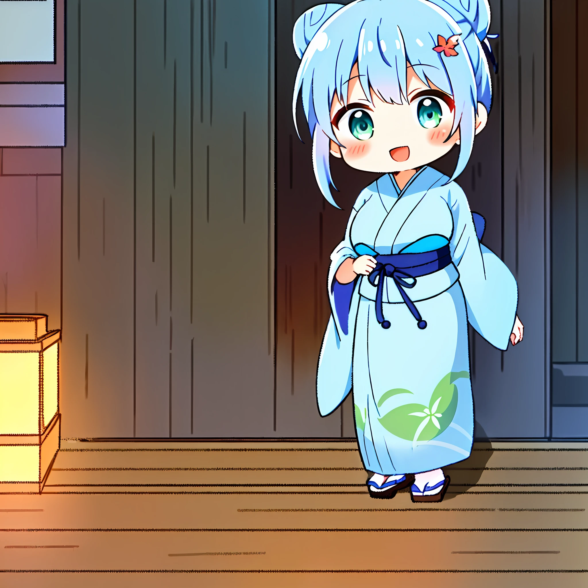 Hurray, "Kyoto Animation" style anime illustration, highest quality, (cute: 1.1), (cute), (high resolution: 1.2), incredibly ridiculous: 1.3, incredibly fine illustration, cute girl, (heterochromia, light blue eyes and light green eyes), solo, standing figure, happy, :d, masterpiece, highest quality, absurdity, high resolution, official art, (cute: 1.8), ((Chibi character: 1.5)), Solo, ((Light blue hair, bun hair, kanzashi)), Thin hair, 1 beautiful girl, (Kawaii: 1.8), Caregiver, Maid, (((long yukata, illustration of morning glory, indigo color, luxurious obi)), watch the viewer, Front, Princess eyes, big breasts, from the front, Japan festival, night shop, cute geta, deformed character, holding a goldfish drawstring,