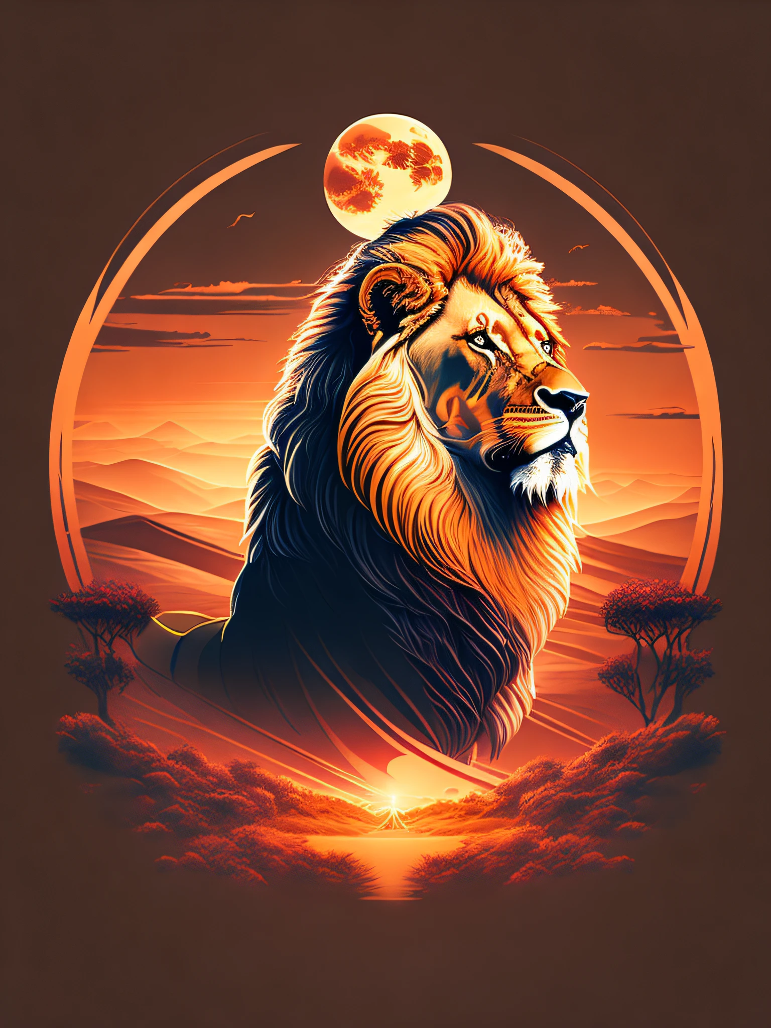 A lion with a mane in a plainscape, T-shirt design, rzminjourney, vector art