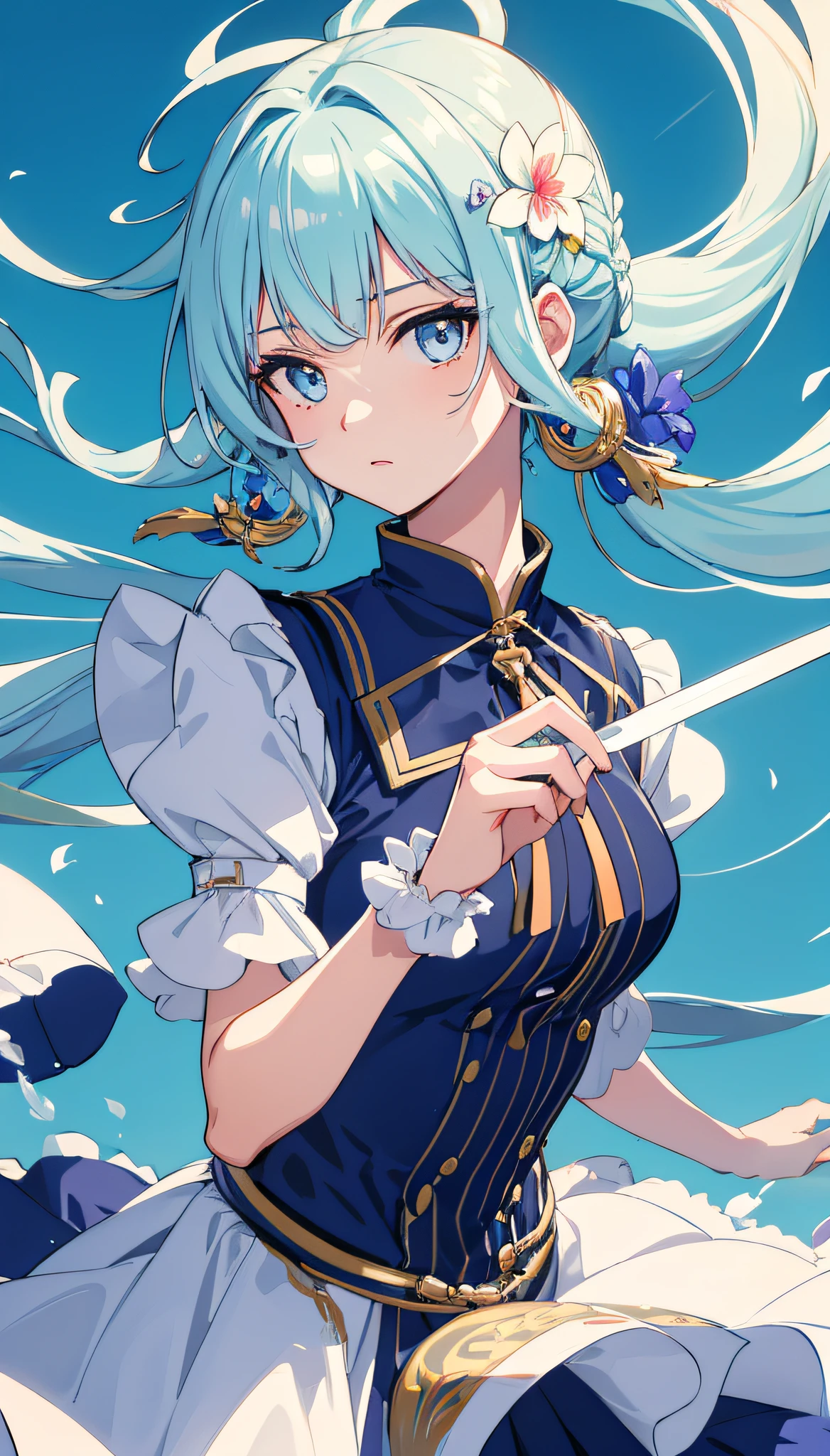 (masterpiece), (best quality), (ultra detailed),(disheveled hair),(illustration), (1girl), (Fashionable clothing), standing, Fashion model, looking at viewer, (interview), (simple background),beautiful detailed eyes, delicate beautiful face, Floating,(high saturation),(colorful splashes),colorful bubble,(shining), focus on face,  ponytail, kamisato ayaka, light blue hair, bangs, hair ring, floating flowers, floating hairs, (shining), best lighting, best shadow,