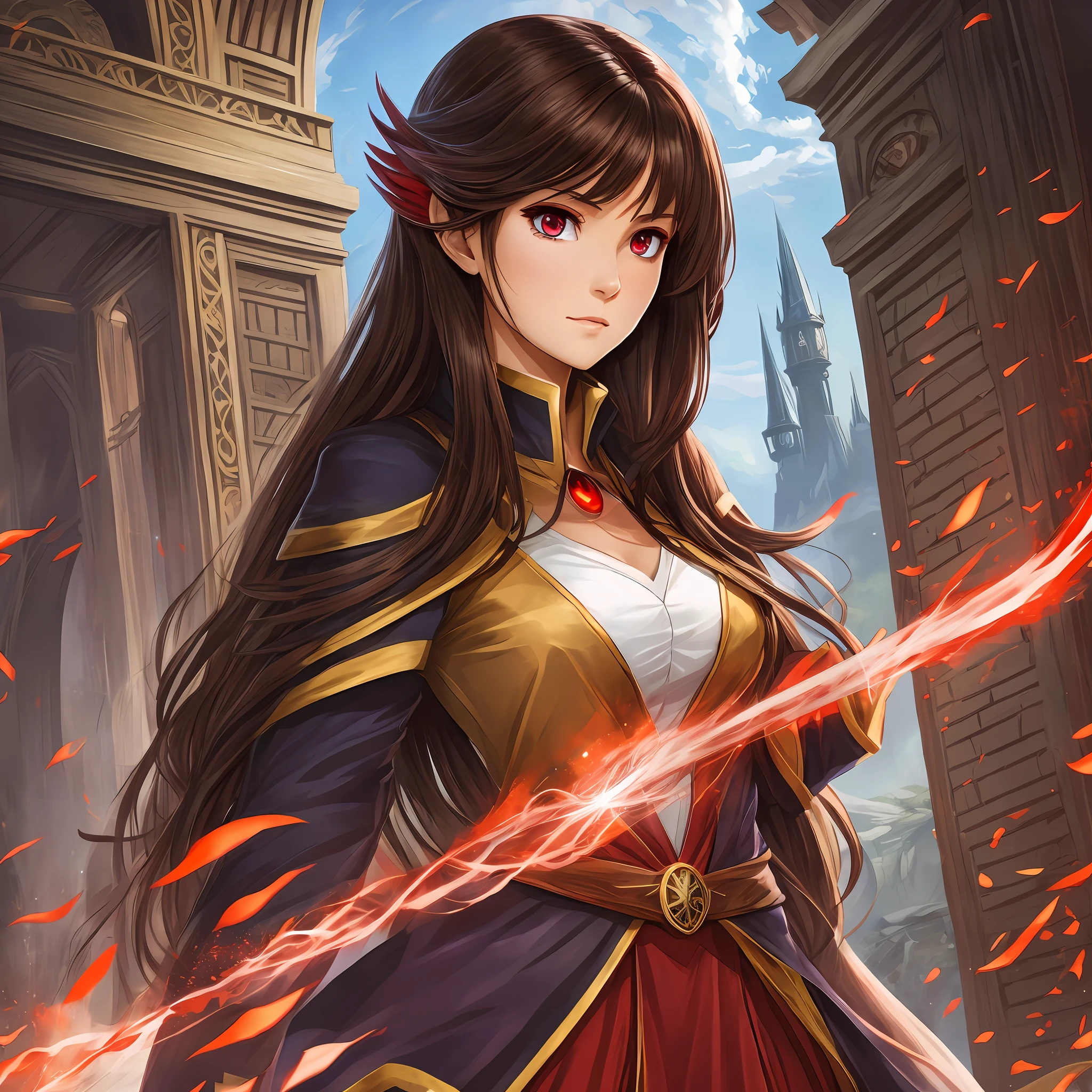 Beautiful woman tall mage with brown hair and red eyes