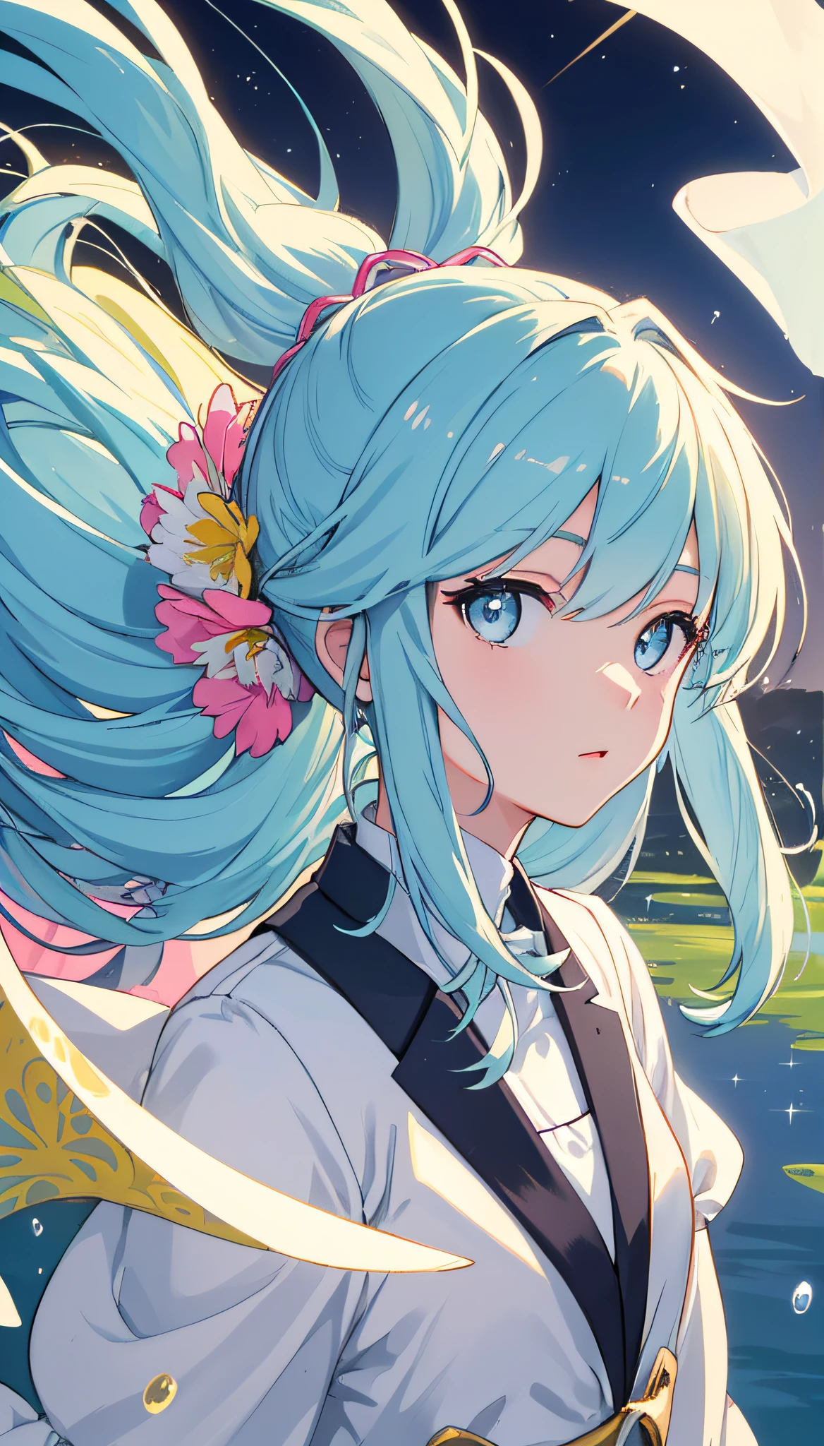 (masterpiece), (best quality), (ultra detailed),(disheveled hair),(illustration), (1girl), (Fashionable clothing), standing, Fashion model, looking at viewer, (interview), (simple background),beautiful detailed eyes, delicate beautiful face, Floating,(high saturation),(colorful splashes),colorful bubble,(shining), focus on face, ponytail, kamisato ayaka, light blue hair, bangs, hair ring, floating flowers, floating hairs, (shining), best lighting, best shadow,