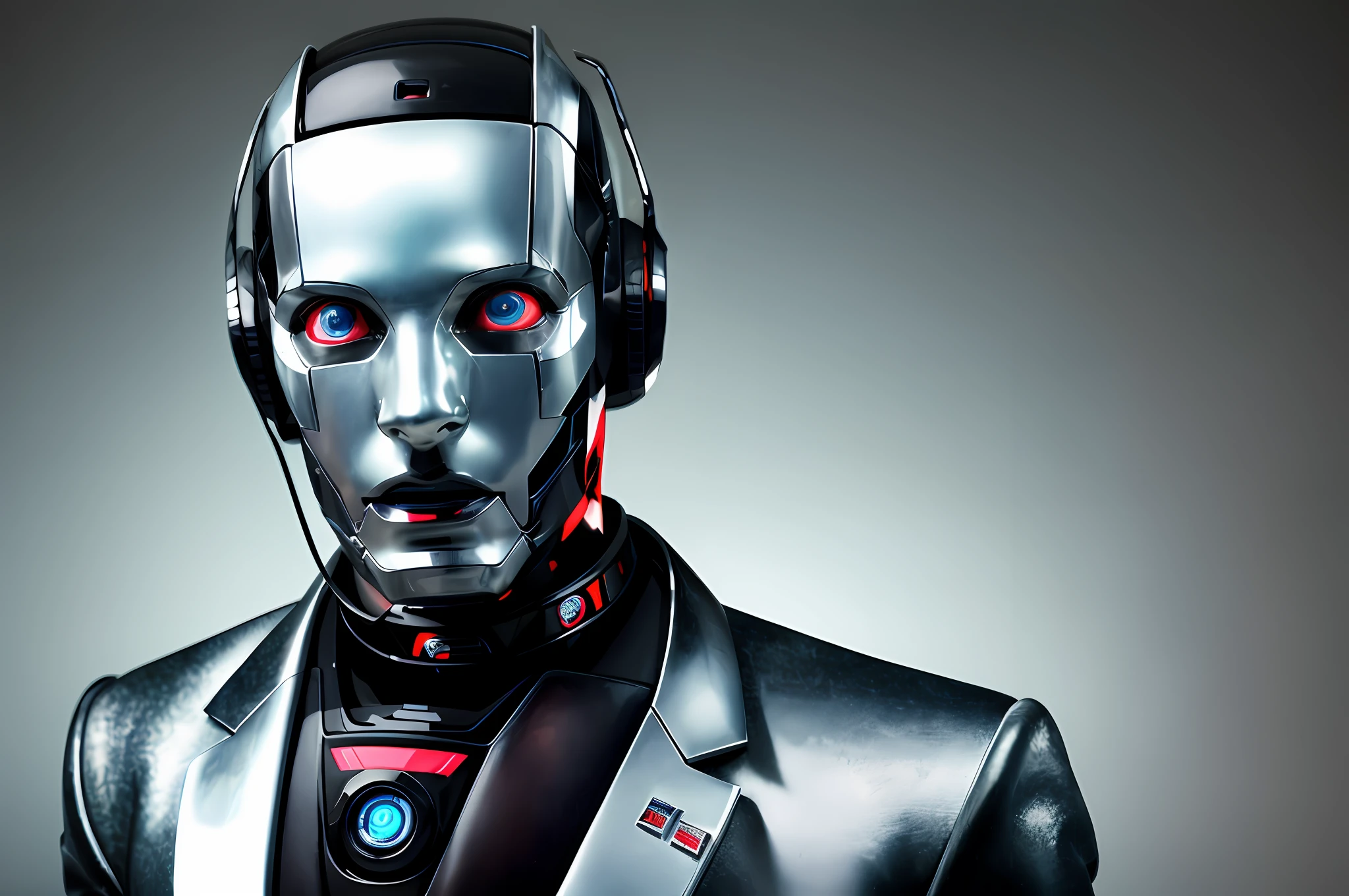 modelshot style, a portrait of robot man wearing announcer outfit, with friendly face, closed mouth blue eyes