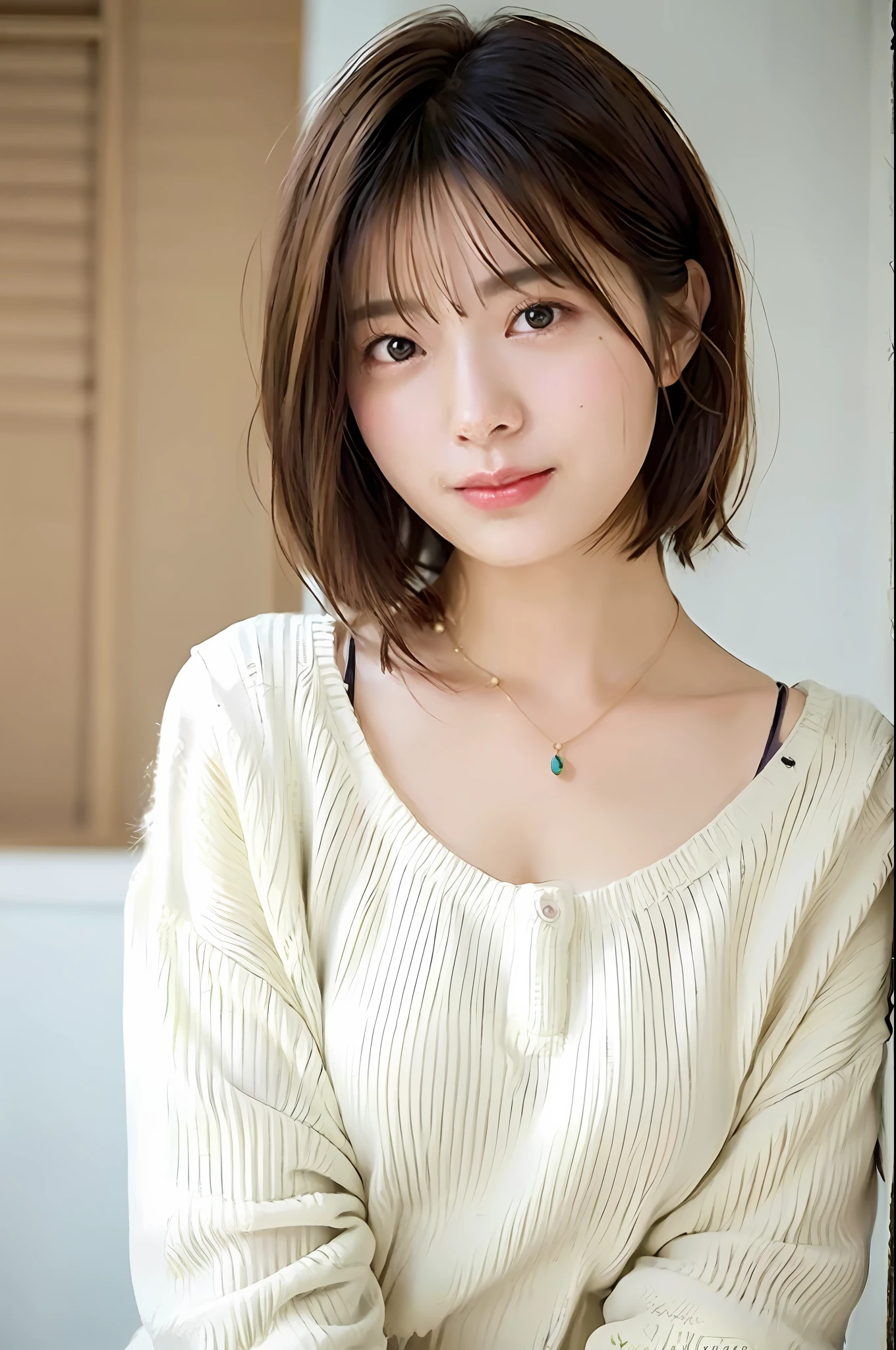 realistic, (best quality, 8k, 32k, masterpiece, UHD: 1.2), cute Japan woman photo, big breasts, very short bob hair, upper body, necklace (oversized_sweater,:1.1), simple background, look around