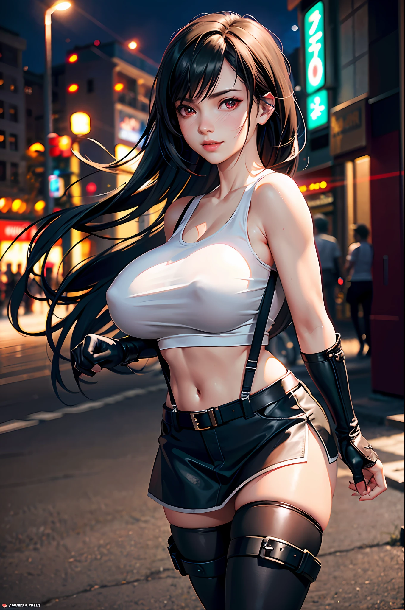(8k, best quality, masterpiece:1.2), (realistic, photo-realistic:1.37), ultra-detailed, 1 girl,cute, solo, (tifa lockhart), (huge breasts:1.5),(beautiful detailed eyes), (smile:1.2), (closed mouth), erotic pose, dancing, neon lights, cityscape, depth of field, dark intense shadows, sharp focus, cars, motion blur, motor bikes, depth of field, good composition, green glowing light, Final Fantasy VII, dating,(nose blush), single elbow pad, ankle boots, black hair, black thighhighs, red boots, elbow gloves, elbow pads, fingerless gloves, taut shirt, sports bra, (suspender black skirt), thighhighs, (white tank top:1.3), full body, head rest, lips, pretty face, low-tied long hair, ((red_eyes)), yellow flowers, (night:1.3), intricate, bokeh, cinematic lighting, photon mapping, radiosity, physically-based rendering, (Tetsuya Nomura style), nsfw, perfect breasts