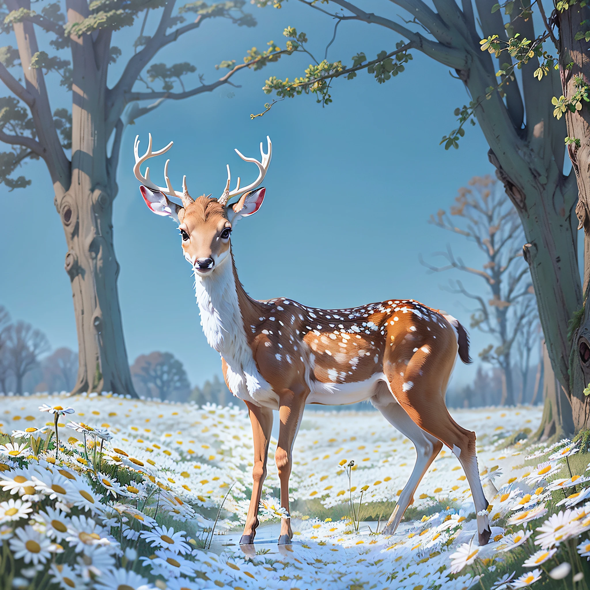 Skinny deer, miniature deer, small deer, swamp deer, American white-tailed deer, white-tailed deer, white-tailed deer, pronounced sexual dimorphism, young deer thirsty for lovemaking, walking among clover, clover field, field of daisies, walks among daisies, deer with eggs, male deer eggs, 0