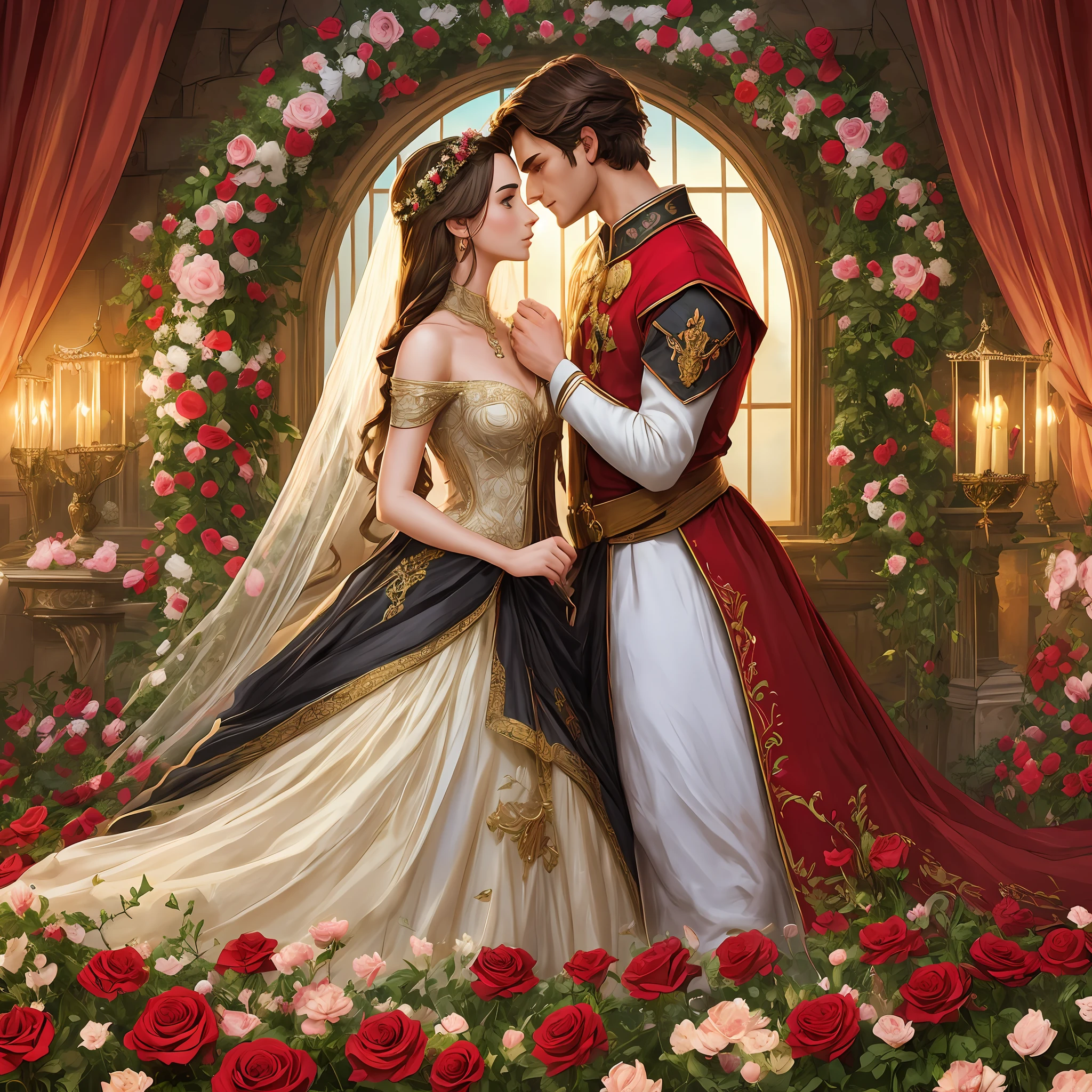 Couple kiss very affectionately, Neels Visser is a prince who has golden blond hair, wears a medieval military outfit and is in love with the commoner Lily Collins, who has curly brunette black hair and wears a red dress, illustration of a romance book cover with a detailed, smooth, bright background filled with flowers covered in ivy and red roses, castle, ornate gown standing in a bed of roses, rim light, dynamic lighting, etherial lighting, ultra detail, concept art, elegant, surreal, art by Lisa Aisato, Greg Hildebrandt, Citemer Liu, Stjepan Sejic, Samyang, Aykut Aydogdu, Justin Gerard, Alphonse Mucha, Artgerm, WLOP, and Greg Rutkowski --auto --s2