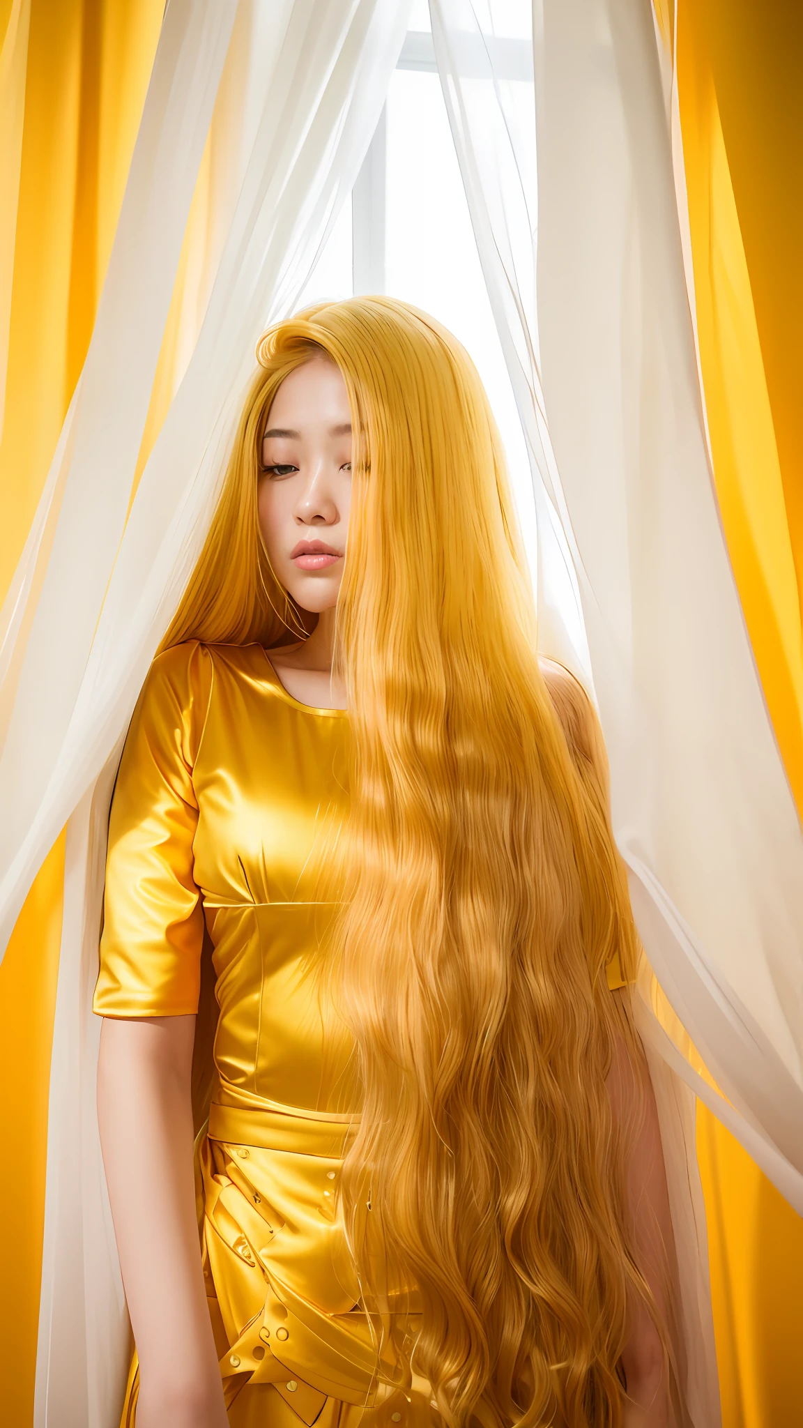 araffed woman with long hair standing in front of a curtain, with long hair, long yellow hair, long hair ， full color, wavy hair yellow theme, asian girl with long hair, bright gold long hair, waist long hair, girl with super long hair, long golden hair, wearing yellow croptop, long hair girl, long hair and red shirt, long hairstyle