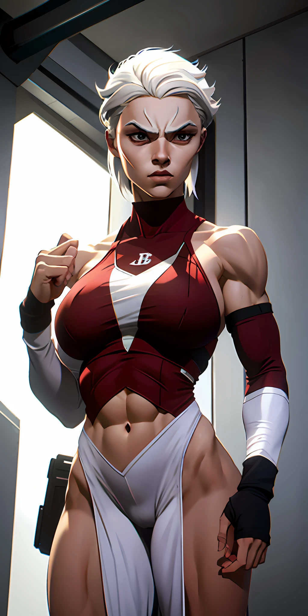 bodybuilder, pretty face, serious face, white hair, red eyes, perfect body, fit body, abdomen, big breasts, muscular,