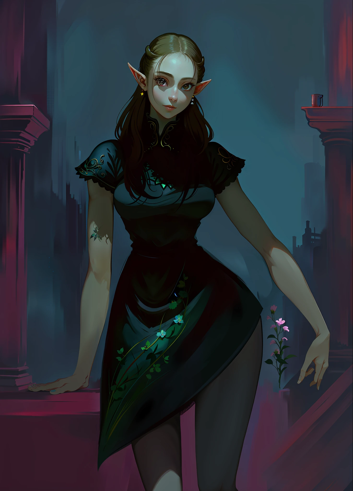 Hyper detailed painting portrait of a gorgeous elf woman, standing in an old dungeon, floating in the sky, meadow, dancing, holding flowers, playful smile, perfect quality, clear focus (clutter-home: 0.8), (masterpiece: 1.2), (Realistic: 1.2), (Bokeh), (Best quality), (Detailed skin: 1.3), (Intricate details), (8K), (Detail total black Eyes), (Sharp Focus), mysterious ambience