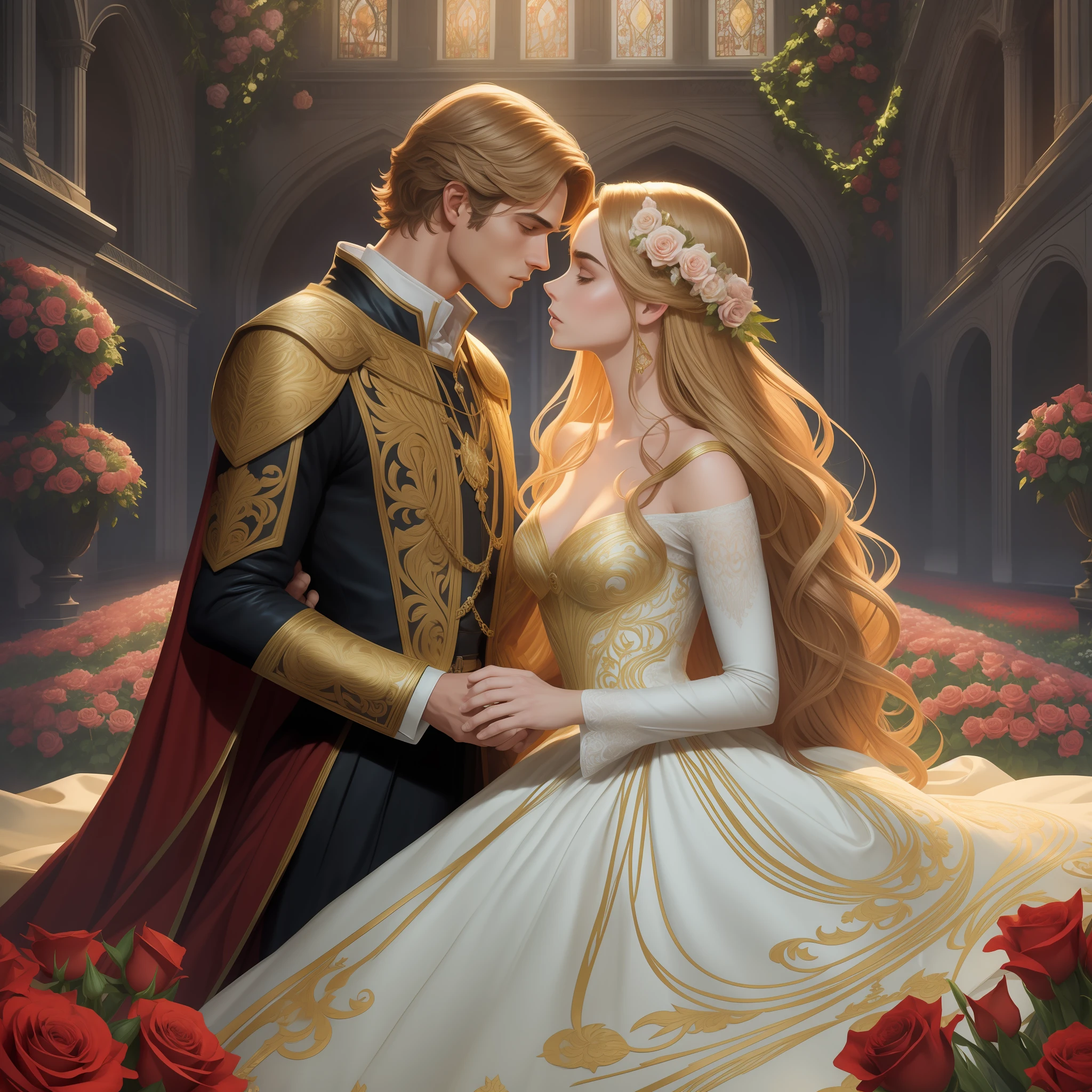 Couple kiss very affectionately, Neels Visser is a prince who has golden blond hair, wears a medieval military outfit and is in love with the commoner Lily Collins, who has curly brunette black hair and wears a red dress, illustration of a romance book cover with a detailed, smooth, bright background filled with flowers covered in ivy and red roses, castle, ornate gown standing in a bed of roses, rim light, dynamic lighting, etherial lighting, ultra detail, concept art, elegant, surreal, art by Lisa Aisato, Greg Hildebrandt, Citemer Liu, Stjepan Sejic, Samyang, Aykut Aydogdu, Justin Gerard, Alphonse Mucha, Artgerm, WLOP, and Greg Rutkowski