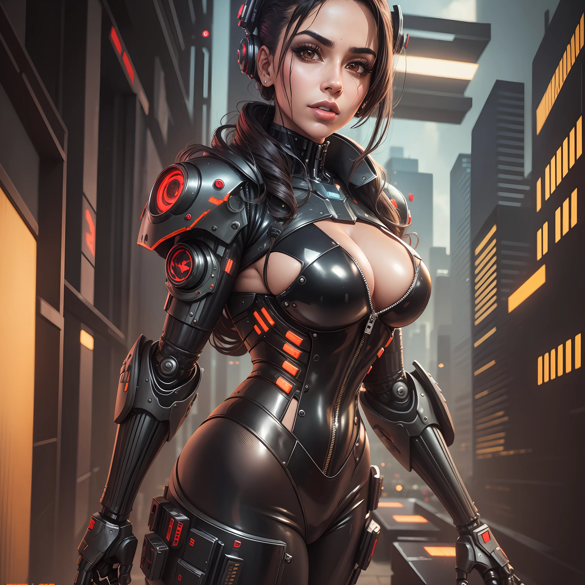professional portrait of Anitta, big chest, full body, black latex pants, shotgun in hand, cute, 8k, RAW, realistic, modelshoot style, (robot) like doomslayer, cyberpunk cyberpunk realistic armor robot, close-up portrait --auto --s2