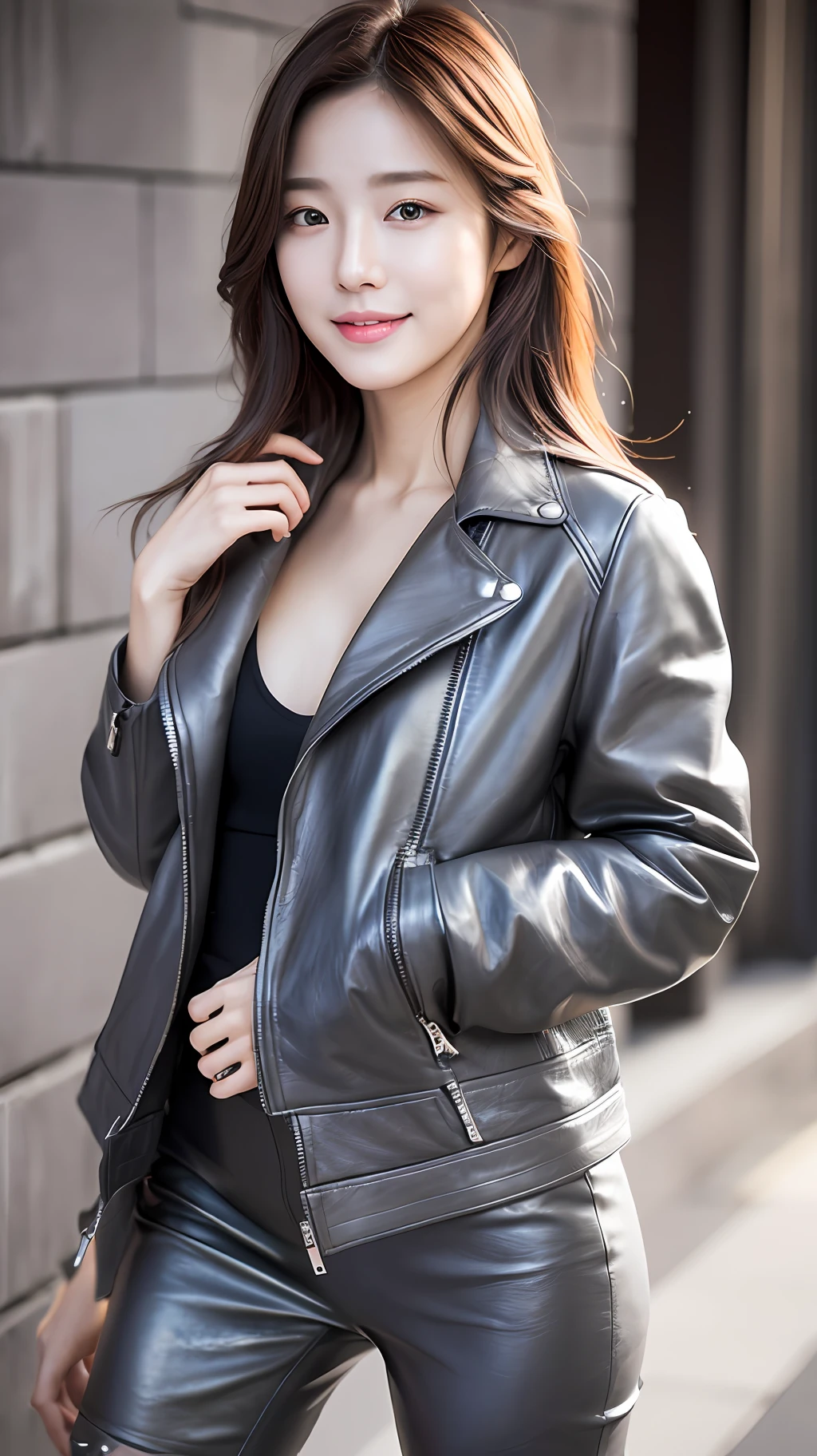 realistic photos of (1 cute Korean star) Shoulder-length hair, thin makeup, medium breasts size, slightly smile, gray leather jacket, clear facial features, UHD, retina, masterpiece, high quality, highres, 16k