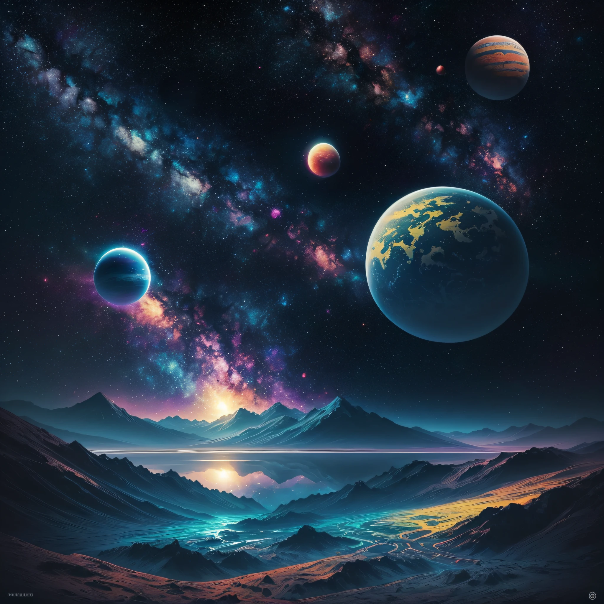 painting of a landscape with a mountain, lake, and planets, utopian galaxy, cosmic landscape, greg beeple, painting of a dreamscape, science fantasy painting, rob mcnaughton, galactic landscape, psychonaut universe, detailed dreamscape, fantasy space, view of the cosmos, science fiction painting, surreal space, fantasy artrealistic painting --auto --s2