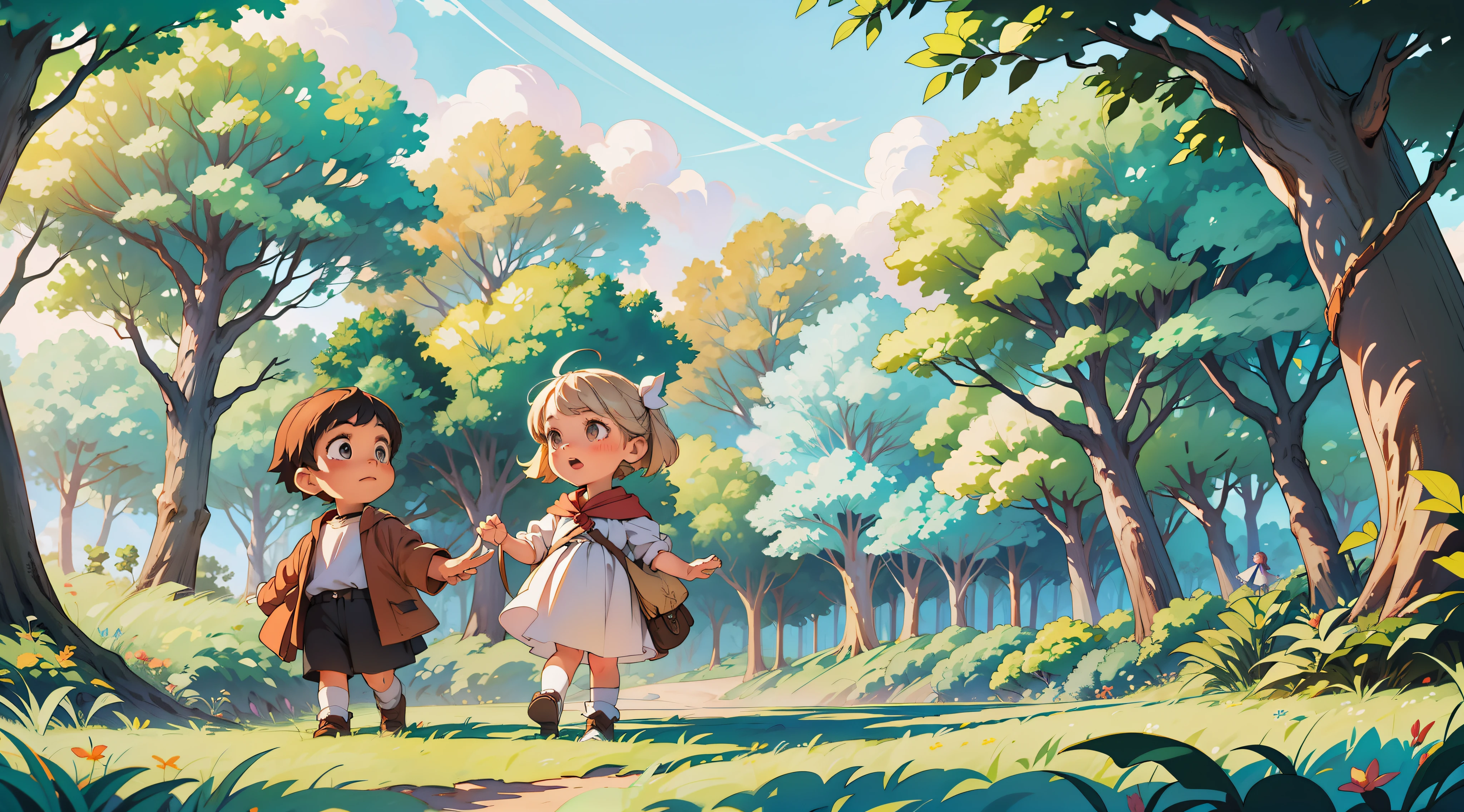 Luna and Oliver stood at the edge of a vast forest, its trees reaching up towards the sky as if trying to touch the clouds. The air was thick with a magical energy, and the sunlight filtered through the leaves, creating a kaleidoscope of colors on the ground.