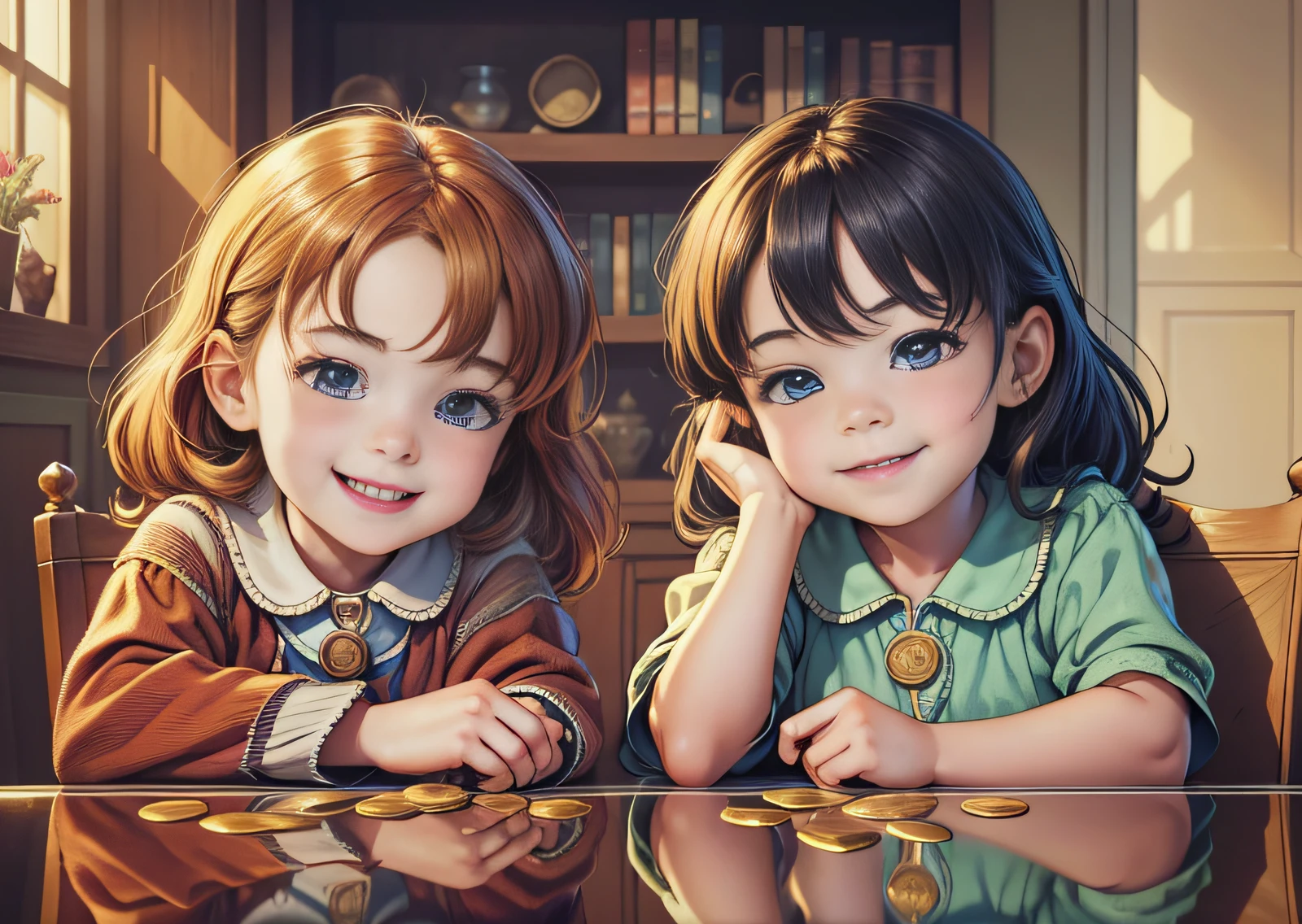 Two children inside a house smiling looking at a glass of coins on a table. The illustration is a high-definition illustration in 4K resolution, featuring highly detailed facial features and cartoon-style visuals. --auto --s2