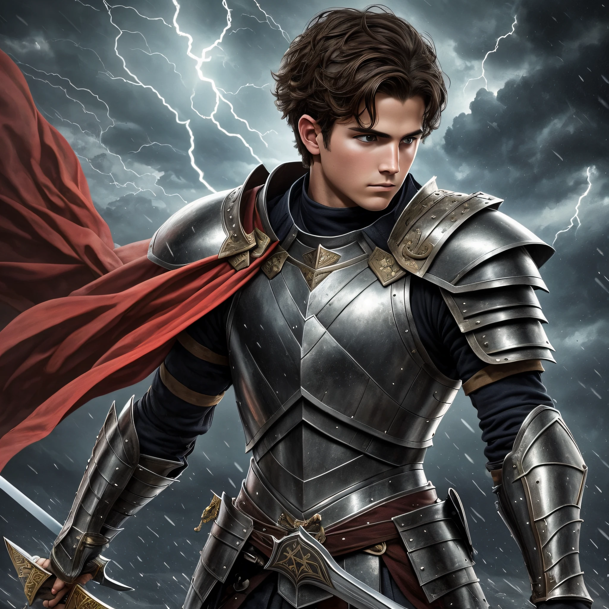 brunette boy preparing for a battle wearing his armor with a sword in his hand, with a great dark storm heading towards him --auto --s2