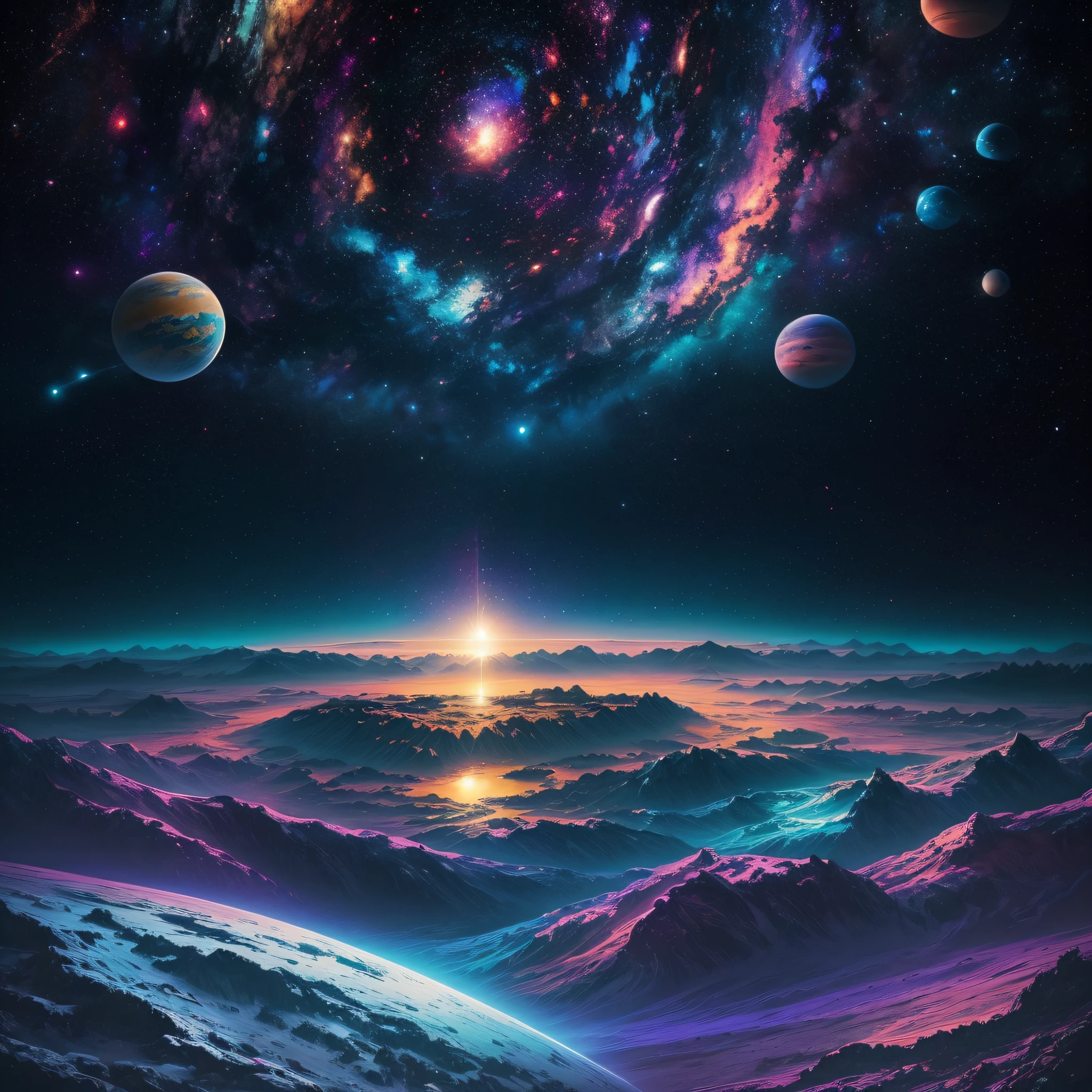painting of a landscape with a mountain, lake, and planets, utopian galaxy, cosmic landscape, greg beeple, painting of a dreamscape, science fantasy painting, rob mcnaughton, galactic landscape, psychonaut universe, detailed dreamscape, fantasy space, view of the cosmos, science fiction painting, surreal space, fantasy artrealistic painting --auto --s2
