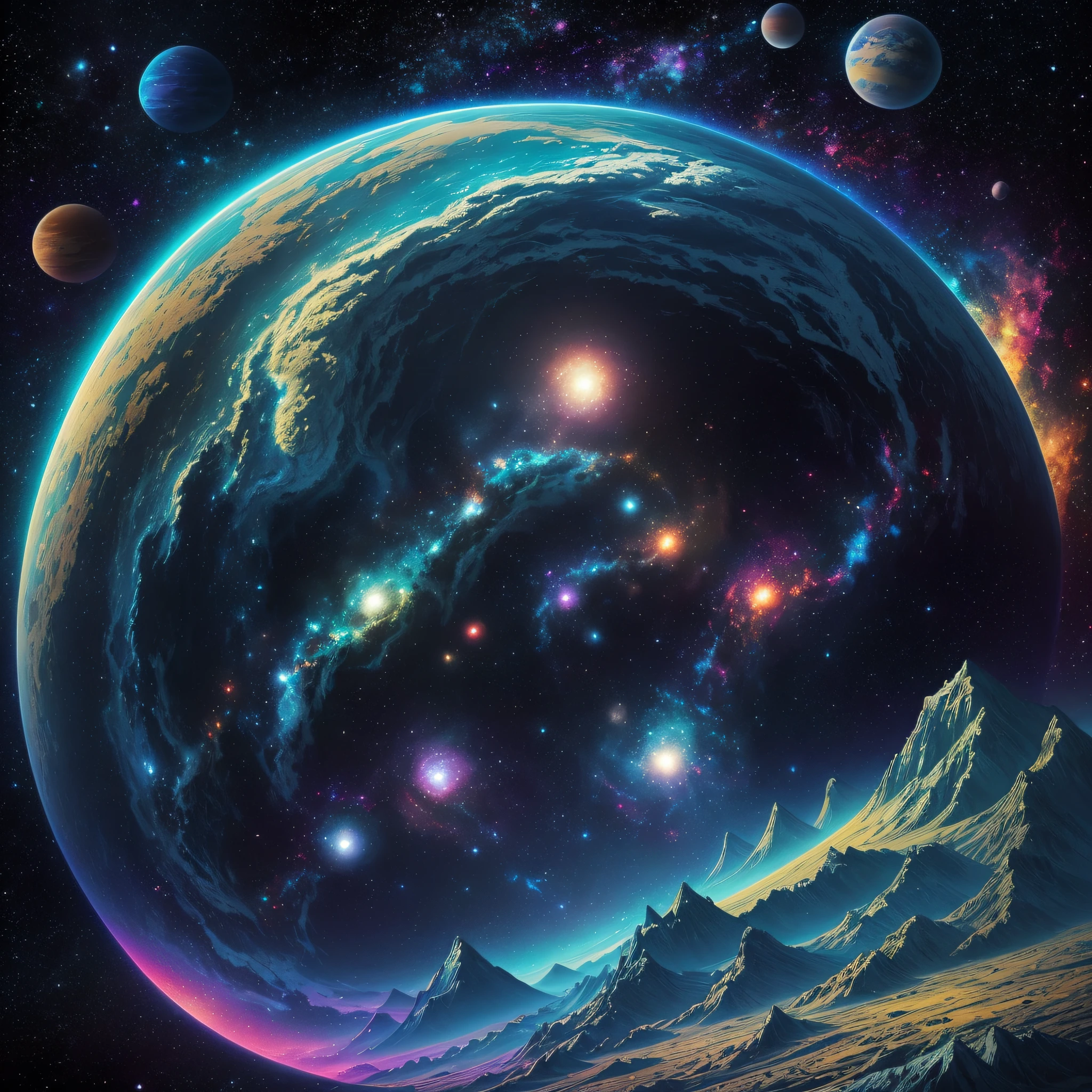 painting of a landscape with a mountain, lake, and planets, utopian galaxy, cosmic landscape, greg beeple, painting of a dreamscape, science fantasy painting, rob mcnaughton, galactic landscape, psychonaut universe, detailed dreamscape, fantasy space, view of the cosmos, science fiction painting, surreal space, fantasy artrealistic painting --auto --s2
