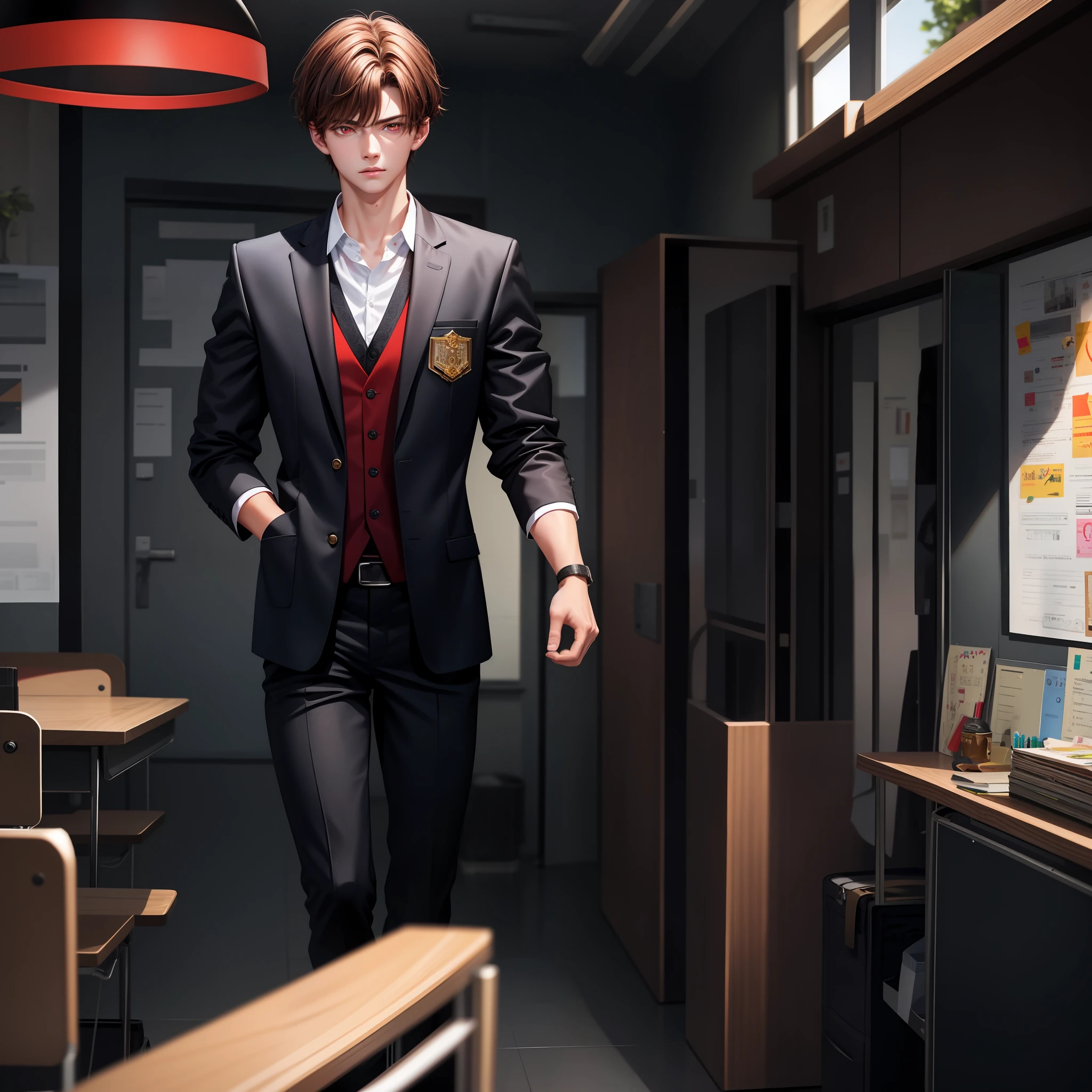 realistic, 1 boy, brown hair, red eyes, glowing eyes, bad boy, tall, handsome, 19 years old, school uniform