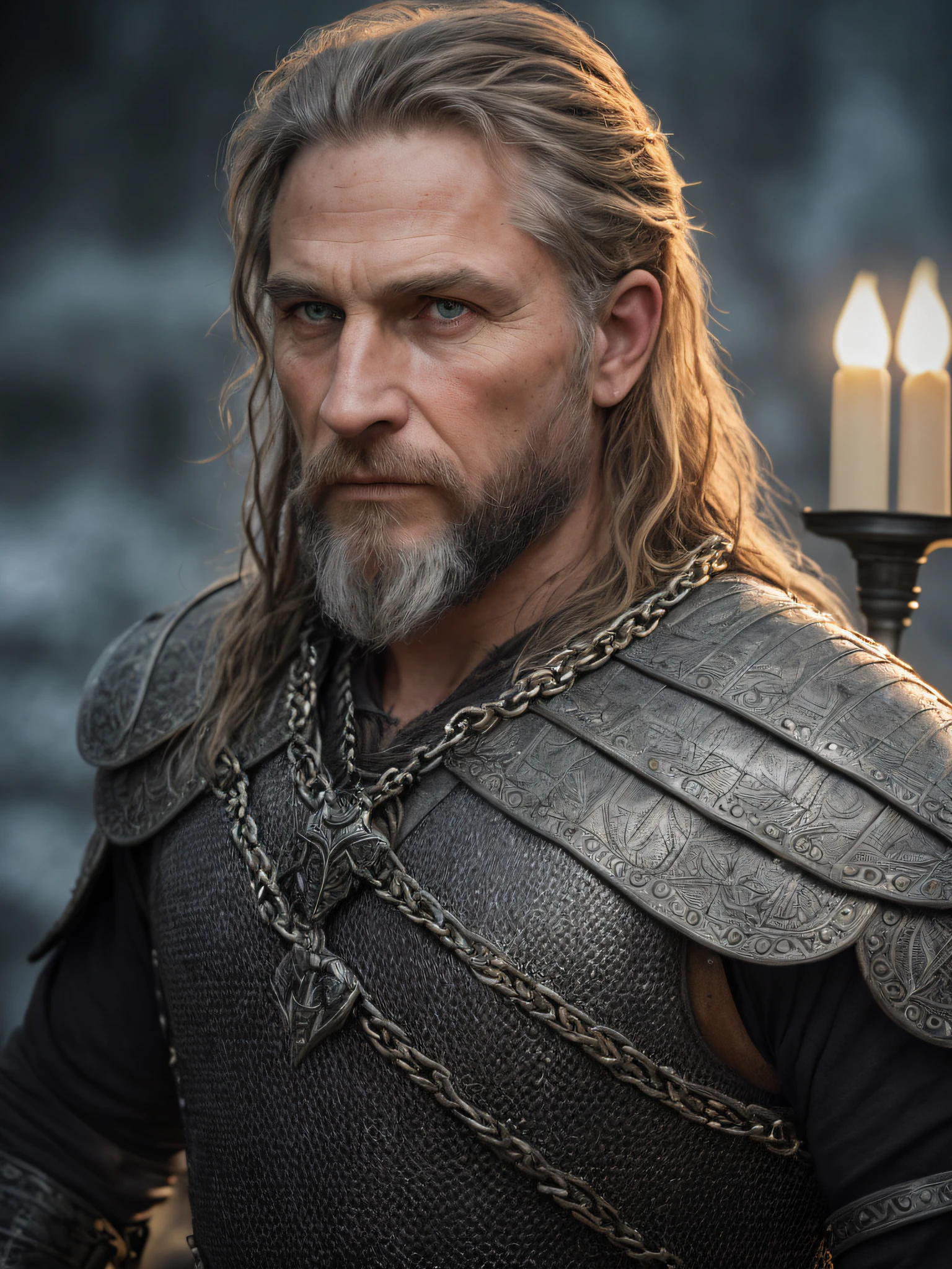 (Highest quality:1.3), cinematic shot, masterpiece, (sharp focus:1.5), (photorealistic:1.3),  medium portrait of (a weary-looking but still proud and fierce-looking old Viking warrior, now the leader of his village, dressed in elaborately detailed chain mail and leather armour, a few torches burn on the walls, giving the scene a dark atmosphere but sculpting the forms in sharp chiaroscuro), it is night time, (highly detailed skin),  (detailed face), detailed background, dark lighting, twilight lighting, volumetric lighting,  intricate details, UHD,