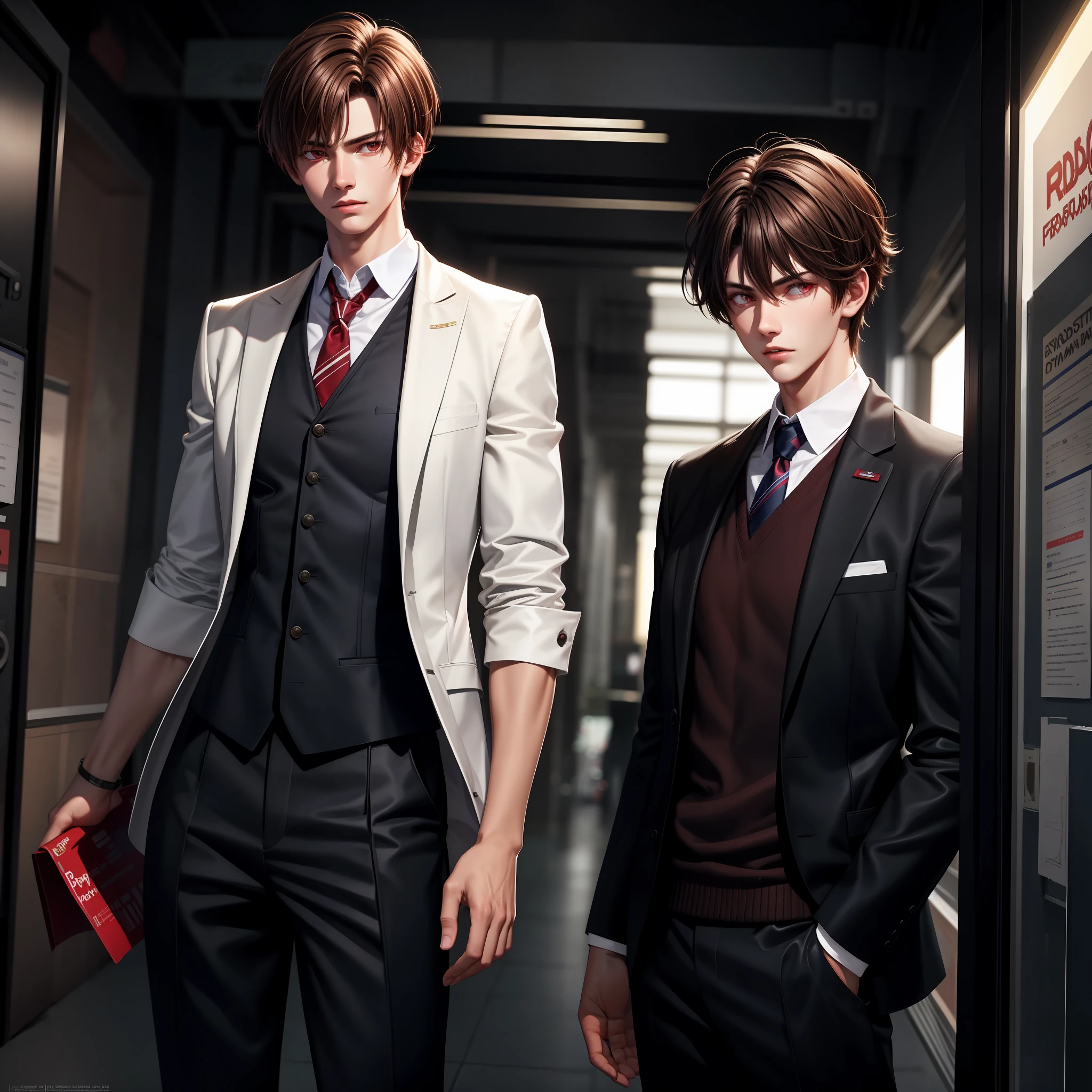 realistic, 1 boy, brown hair, red eyes, glowing eyes, bad boy, tall, handsome, 19 years old, school uniform