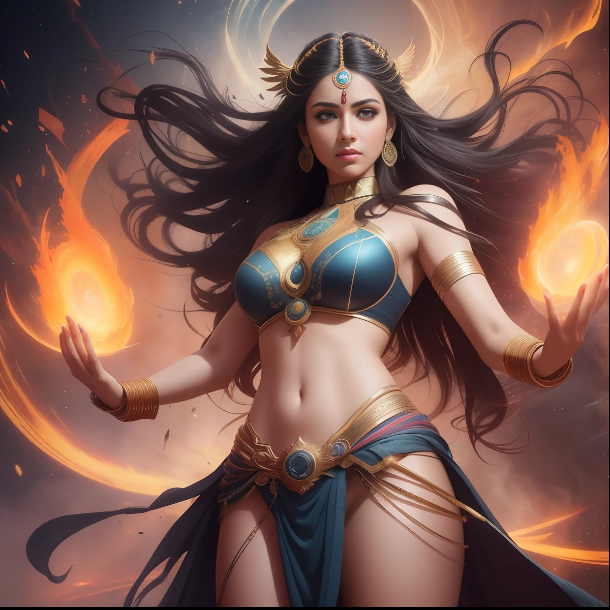 The artwork should have photo-realistic, ultra-realistic, hyper-realistic, ethereal random color Power Rage, 3d anime style vector, 3d full shot, standing pose, abstract alcohol ink, cosmic, outer space, and fire colors Artwork styles, highly detailed, Hathor Wearing intricate long hindu traditional Dhoti, highly detailed symmetric beautiful hazel eyes, highly detailed gorgeous face, dynamic pose, ethereal, mystical, Celestial beautiful Surrounding Goddess Parvati Angry in Rage Electricity Fire in the Whole Universe in style of artists like Russ Mills, Darek Zabrocki, Ivan laliashvili, Jean-Baptiste Monge. Ink Dropped in water, splatter drippings, paper texture, pulp Manga, and perfect shading, with dramatic lighting. The artwork should be centered, stylized, and elaborate. rendered in 8K resolution for high-quality detail, artstation, concept art, smooth, sharp focus, illustration, highly detailed, soft natural volumetric cinematic perfect light, intricate artwork masterpiece