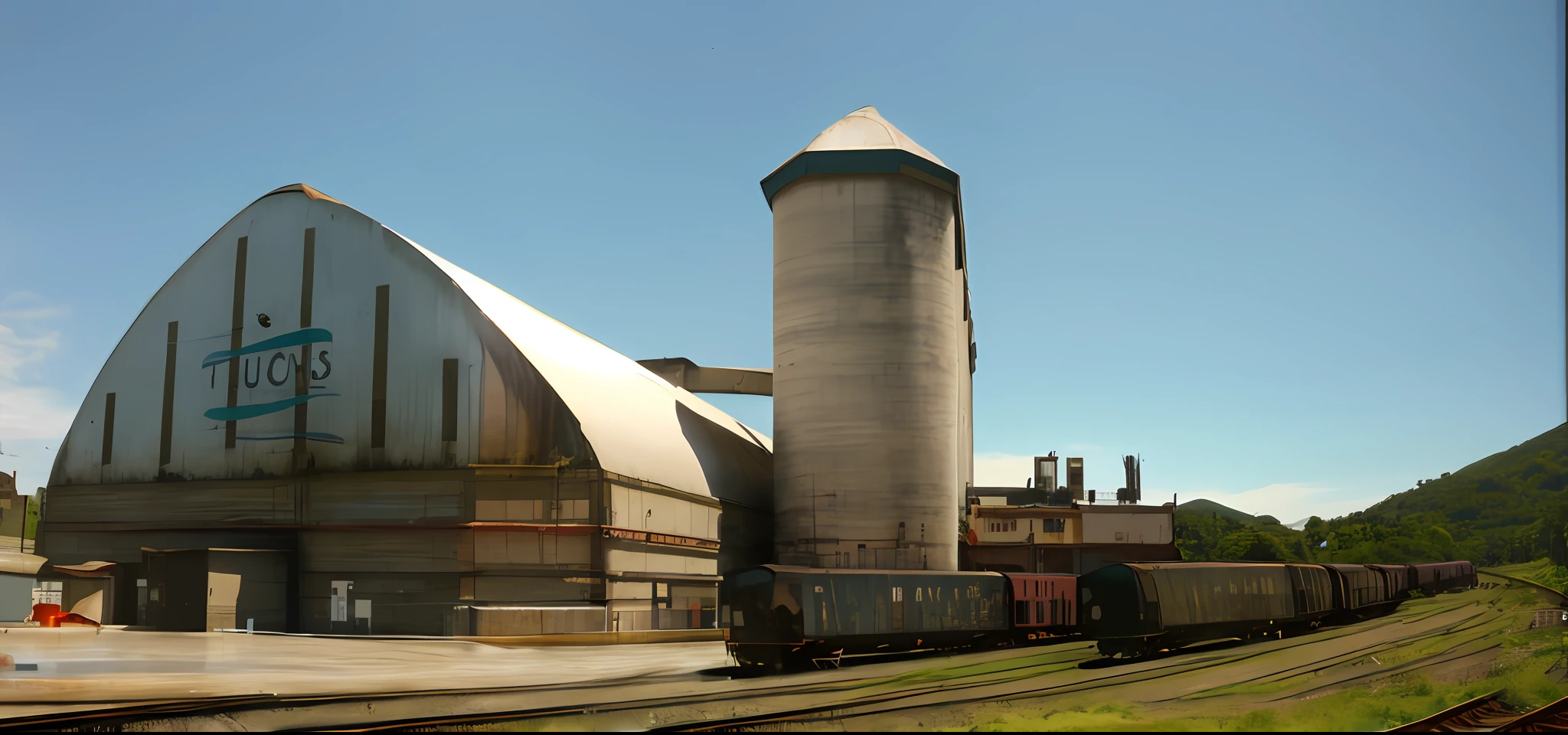 disappear train from the scene, flood foreground, crack the building in the middle., reserve contours, preserve train cars,