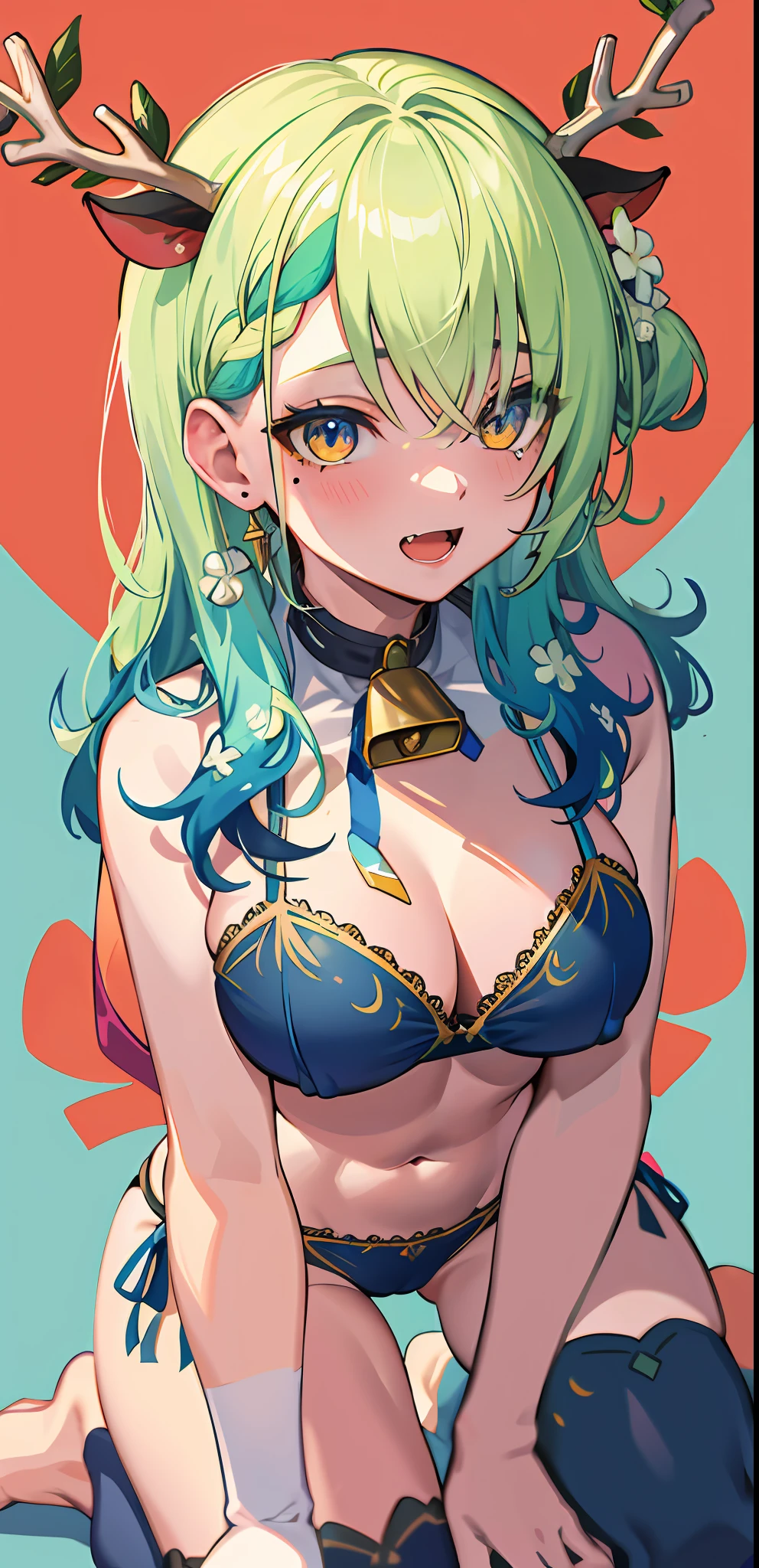 masterpiece, high quality, highres, absurdres, ultra-detailed, detailed eyes, 8k, ti-emb_kobo-kanaeru, 1girl, colorful eyes, fangs, open mouth, bangs, colorful background, looking at viewer, vibrant, contrast, gradient hair, happy, graffiti wall background, water splash, close up, 2d, masterpiece, best quality, highres, 1girl, ceres fauna, breasts, solo, cow print, swimsuit, animal print, bikini, virtual youtuber, green hair, bell, flower, hair flower, yellow eyes, thighhighs, branch, large breasts, navel, hair ornament, long hair, cowbell, neck bell, antlers, cleavage, print legwear, mole, side-tie bikini bottom, stomach, mole under eye, leaf, wavy hair, braid, thighs, collar, multicolored hair, bridal gauntlets, print bikini, white flower, bangs, string bikini, cow ears, smile, all fours,