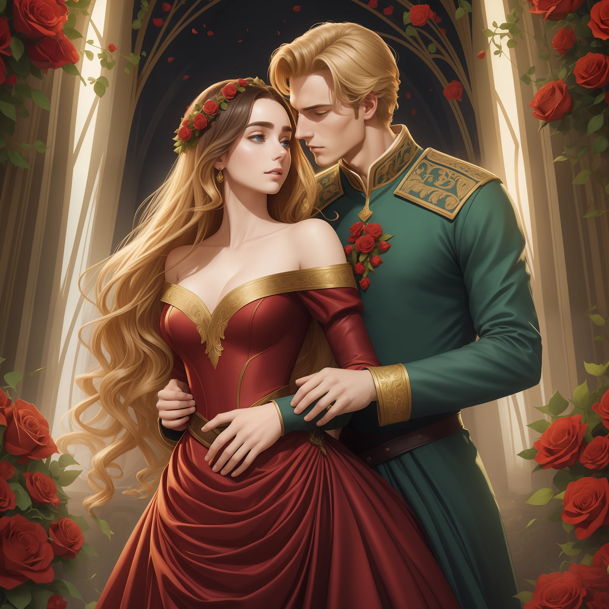 Couple kisses with great affection, the man Neels Visser is a prince who has golden blonde hair, wears a medieval military outfit and is in love with the commoner woman Lily Collins, who has curly brown black hair and wears a red dress, illustration of a romance book cover with a detailed, smooth background,  bright full of ivy-covered flowers and red roses, castle, ornate dress standing on a bed of roses, rim light, dynamic lighting, ethereal lighting, ultra detail, concept art, elegant, surreal, art by Lisa Aisato, Greg Hildebrandt, Citemer Liu, Stjepan Sejic, Samyang, Aykut Aydogdu, Justin Gerard, Alphonse Mucha, Artgerm, WLOP and Greg Rutkowski