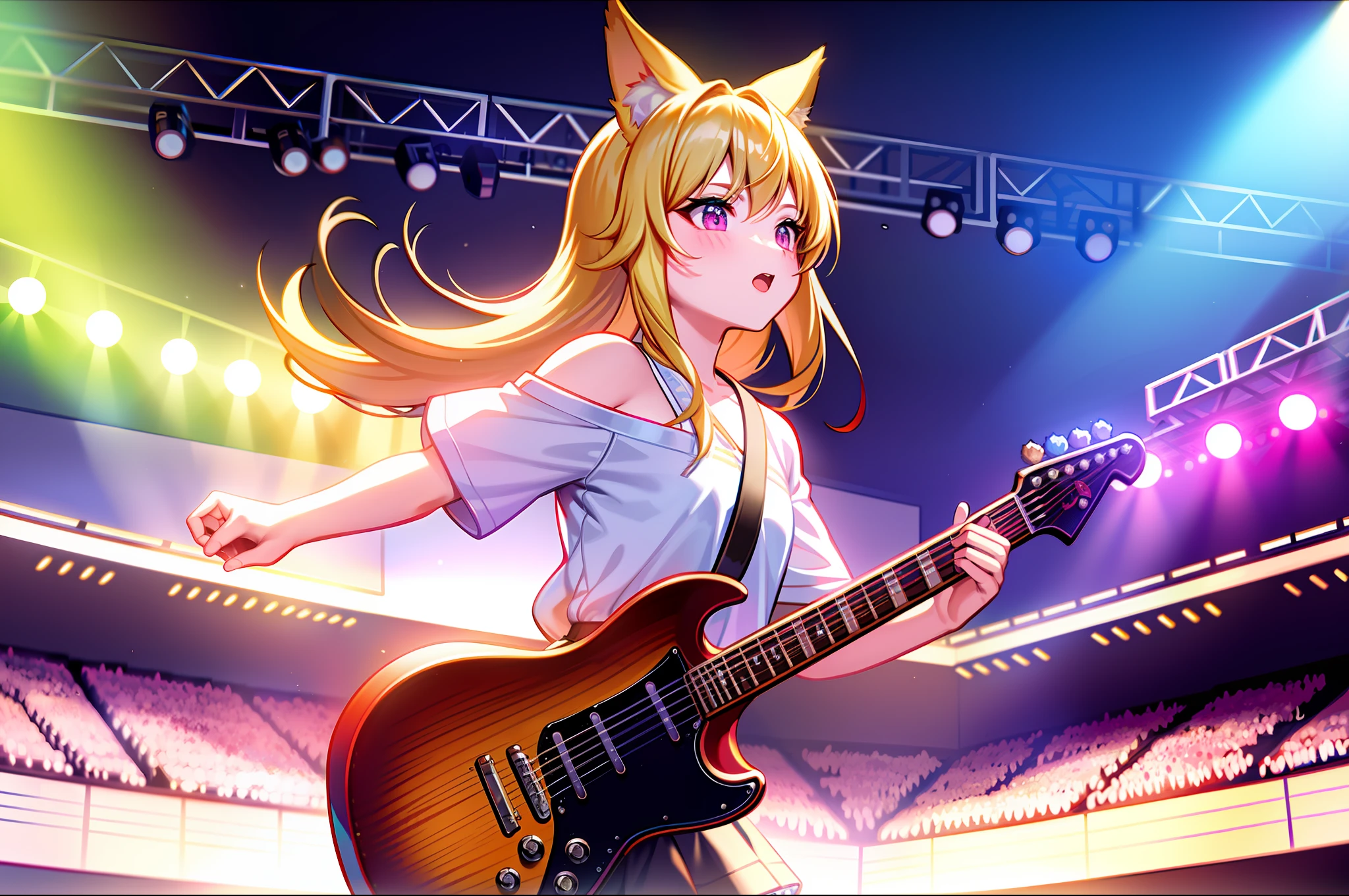 punk rock stage, a girl standing on the stage, playing drumset, 1 girl, kemononimi, wolf ears, blonde hair, long hair, pink eyes, tail, short, cute, loli, sfw production art, (warm light source:1.2), huge crowd, intricate details, volumetric lighting, realism BREAK (masterpiece:1.2), (best quality), 4k, ultra-detailed, (dynamic composition:1.4), highly detailed, colorful details,( iridescent colors:1.2), (glowing lighting, atmospheric lighting), electric, cool, rapper, (solo:1.2)