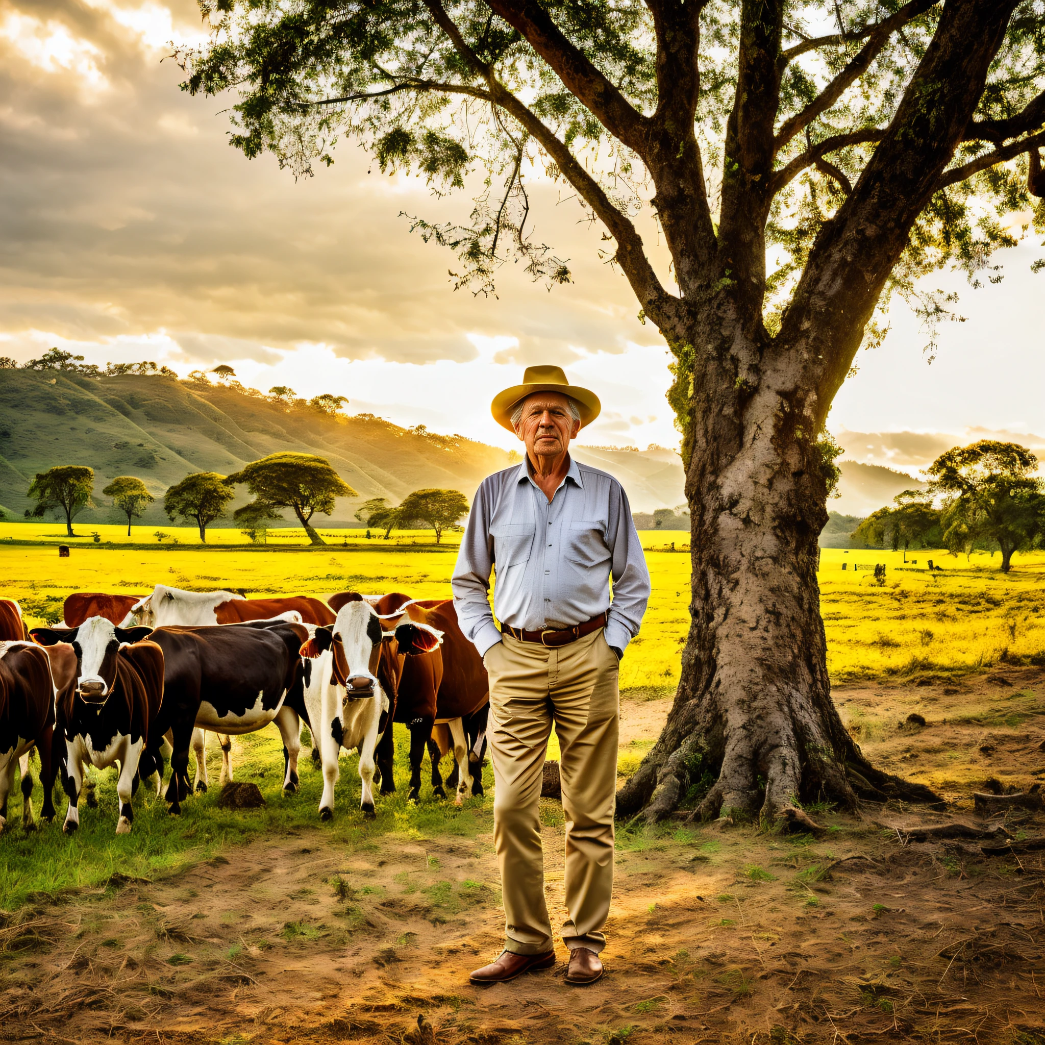 a man standing in front of a large tree in a field with cows in the background, white man of 78 years, short hair, with village, in the field, beautiful surroundings, 78 years old Brazilian father, pastoral, on a farm, rural, with horse led, agricultural lands, Amazonian indigenous peoples in Brazil, profile image, farmer, men and cattle, Ultra realistic, intricate, 4K details