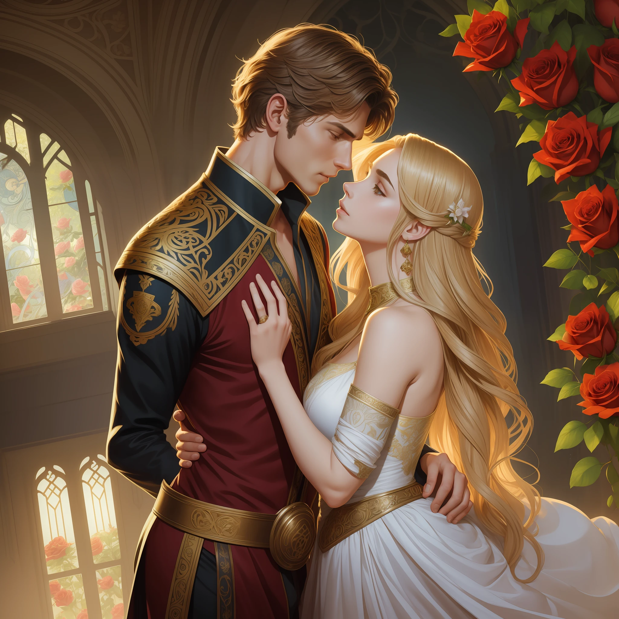 Couple kisses a home and a woman with much affection, the man Neels Visser is a prince who has golden blonde hair, wears a medieval military outfit and is in love with the commoner woman Lily Collins, who has curly brown black hair and wears a red dress, illustration of a romance book cover with a detailed background, smooth, bright full of ivy-covered flowers and red roses, castle, ornate dress standing on a bed of roses, rim light, dynamic lighting, ethereal lighting, ultra detail, conceptual art, elegant, surreal, art by Lisa Aisato, Greg Hildebrandt, Citemer Liu, Stjepan Sejic, Samyang, Aykut Aydogdu, Justin Gerard, Alphonse Mucha, Artgerm, WLOP and Greg Rutkowski