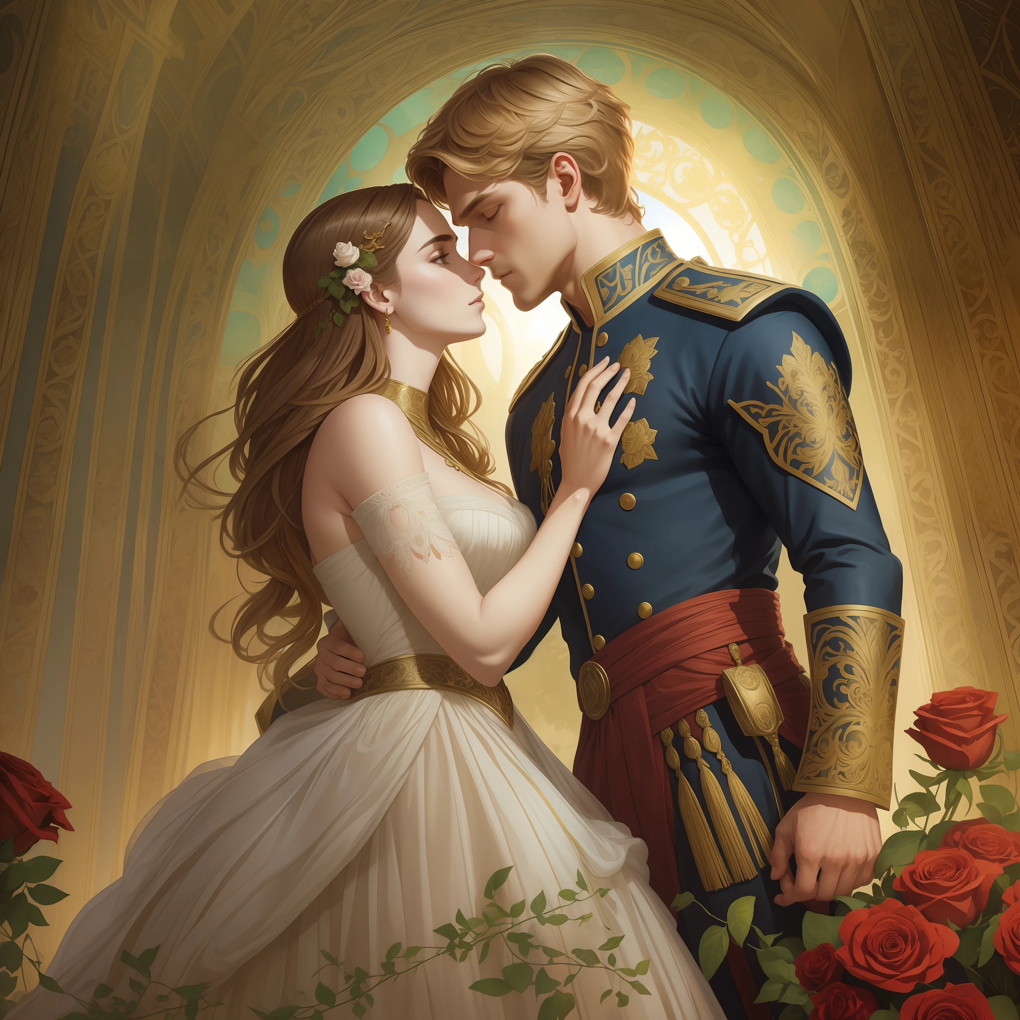 Couple kisses a home and a woman with much affection, the man Neels Visser is a prince who has golden blonde hair, wears a medieval military outfit and is in love with the commoner woman Lily Collins, who has curly brown black hair and wears a red dress, illustration of a romance book cover with a detailed background,  smooth, bright full of ivy-covered flowers and red roses, castle, ornate dress standing on a bed of roses, rim light, dynamic lighting, ethereal lighting, ultra detail, conceptual art, elegant, surreal, art by Lisa Aisato, Greg Hildebrandt, Citemer Liu, Stjepan Sejic, Samyang, Aykut Aydogdu, Justin Gerard, Alphonse Mucha, Artgerm, WLOP and Greg Rutkowski