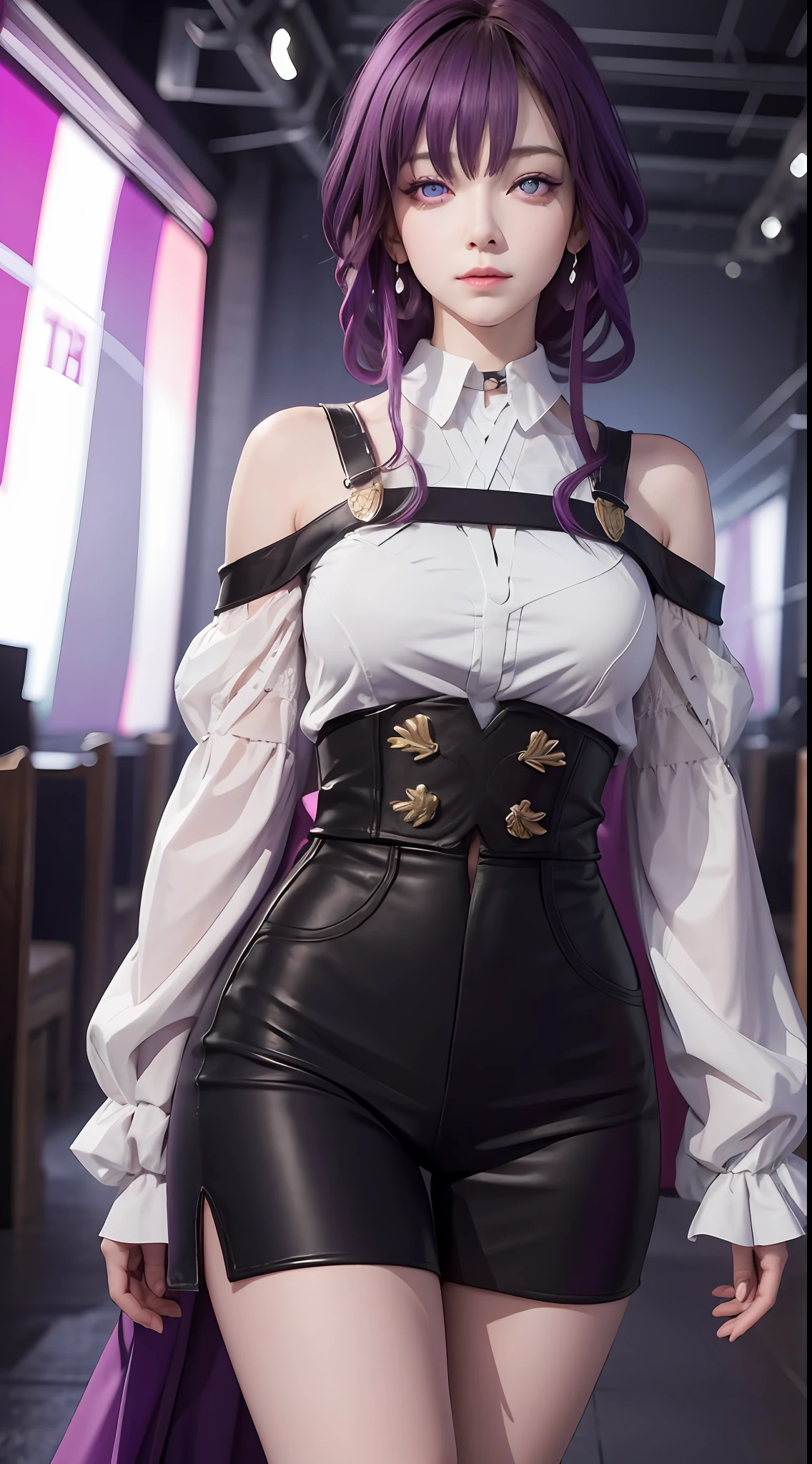 Masterpiece, Best Quality, 1girl, Official, Two Purple Eyes, Purple Hair, Bustiness, Cowboy Shot, Looking at the Audience, Dark, (Darkness), Cinematic Light, Edge Light, Detailed Eyes, (pureerosface_v1:0.5), Looking at the Audience, (Realisticity: 1.2), Provocative, Honkai Star Track, Arrogant, Bangs Evil Face, Fantasy Background, Symmetry of Left and Right Eyes