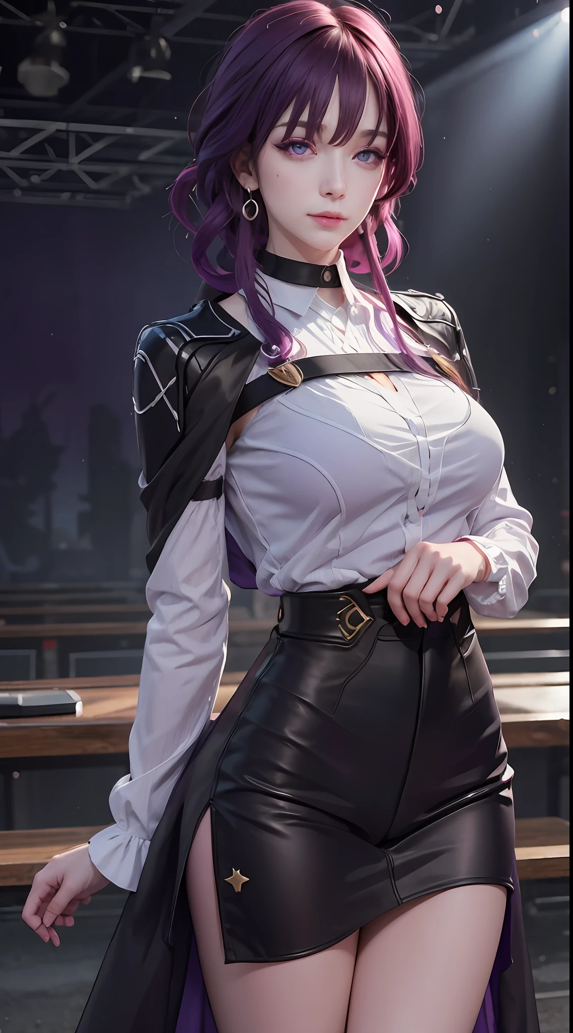 Masterpiece, Best Quality, 1girl, Official, Two Purple Eyes, Purple Hair, Bustiness, Cowboy Shot, Looking at the Audience, Dark, (Darkness), Cinematic Light, Edge Light, Detailed Eyes, (pureerosface_v1:0.5), Looking at the Audience, (Realisticity: 1.2), Provocative, Honkai Star Track, Arrogant, Bangs Evil Face, Fantasy Background, Symmetry of Left and Right Eyes
