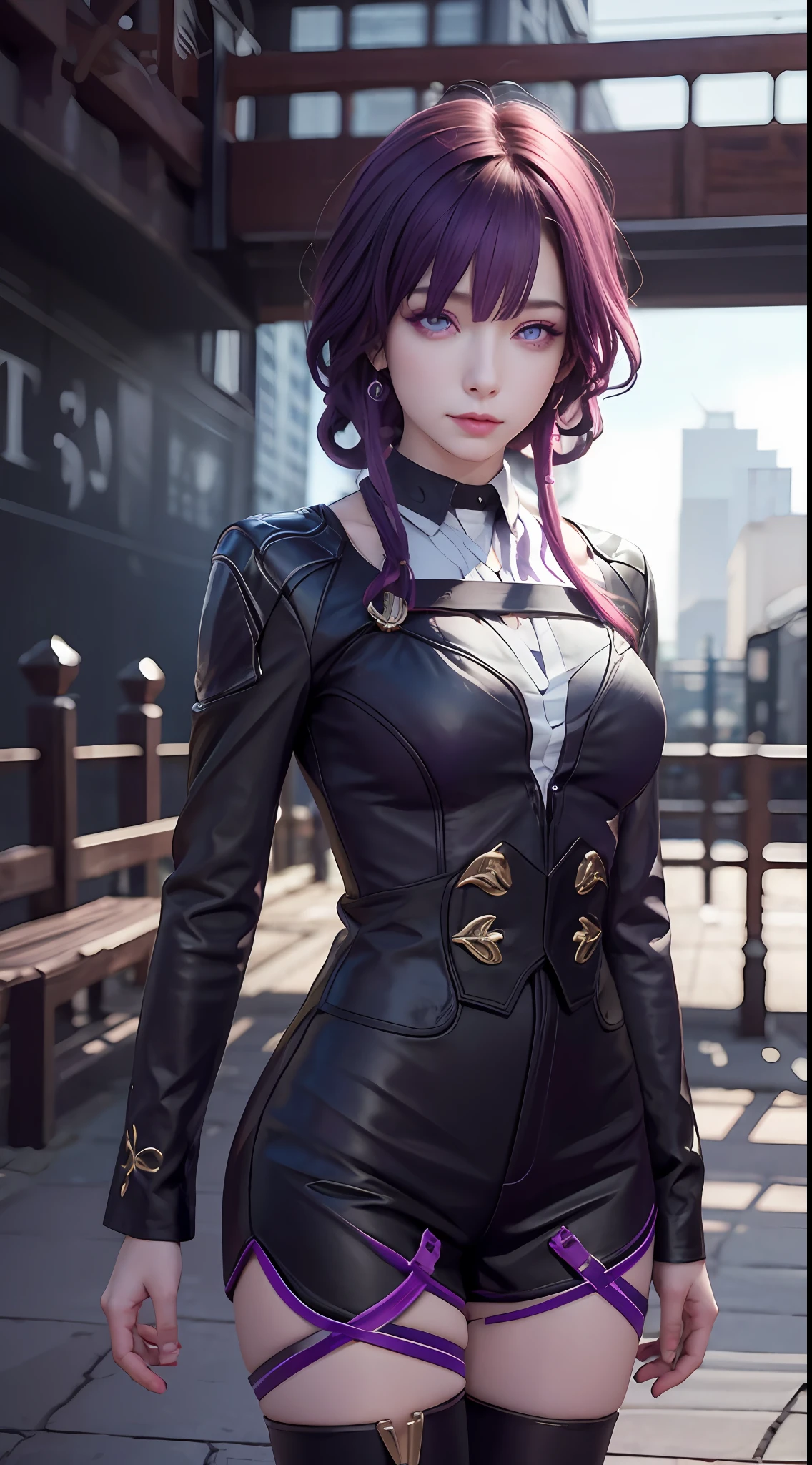Masterpiece, Best Quality, 1girl, Official, Two Purple Eyes, Purple Hair, Bustiness, Cowboy Shot, Looking at the Audience, Dark, (Darkness), Cinematic Light, Edge Light, Detailed Eyes, (pureerosface_v1:0.5), Looking at the Audience, (Realisticity: 1.2), Provocative, Honkai Star Track, Arrogant, Bangs Evil Face, Fantasy Background, Symmetry of Left and Right Eyes
