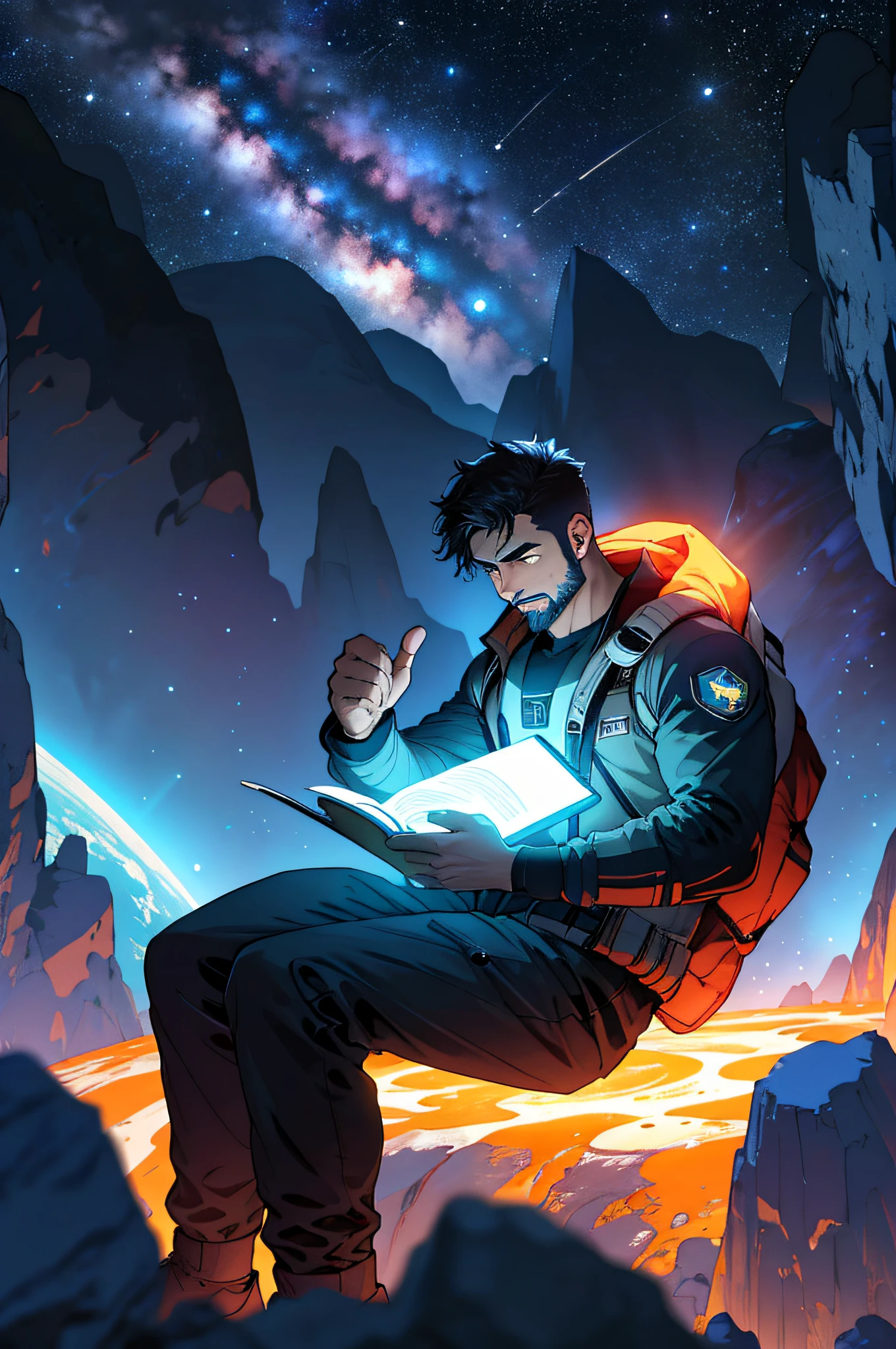 Draw a young programmer, sitting on a research platform floating in the middle of an asteroid belt. He is studying with a notebook, surrounded by several asteroids glowing with fiery auras. Dramatic lighting from distant stars and planets illuminates the scene, casting deep shadows on the suit. The young man looks confident and determined, looking at the vast and mysterious universe with wonder and respect,facial hair, cowboy shot,