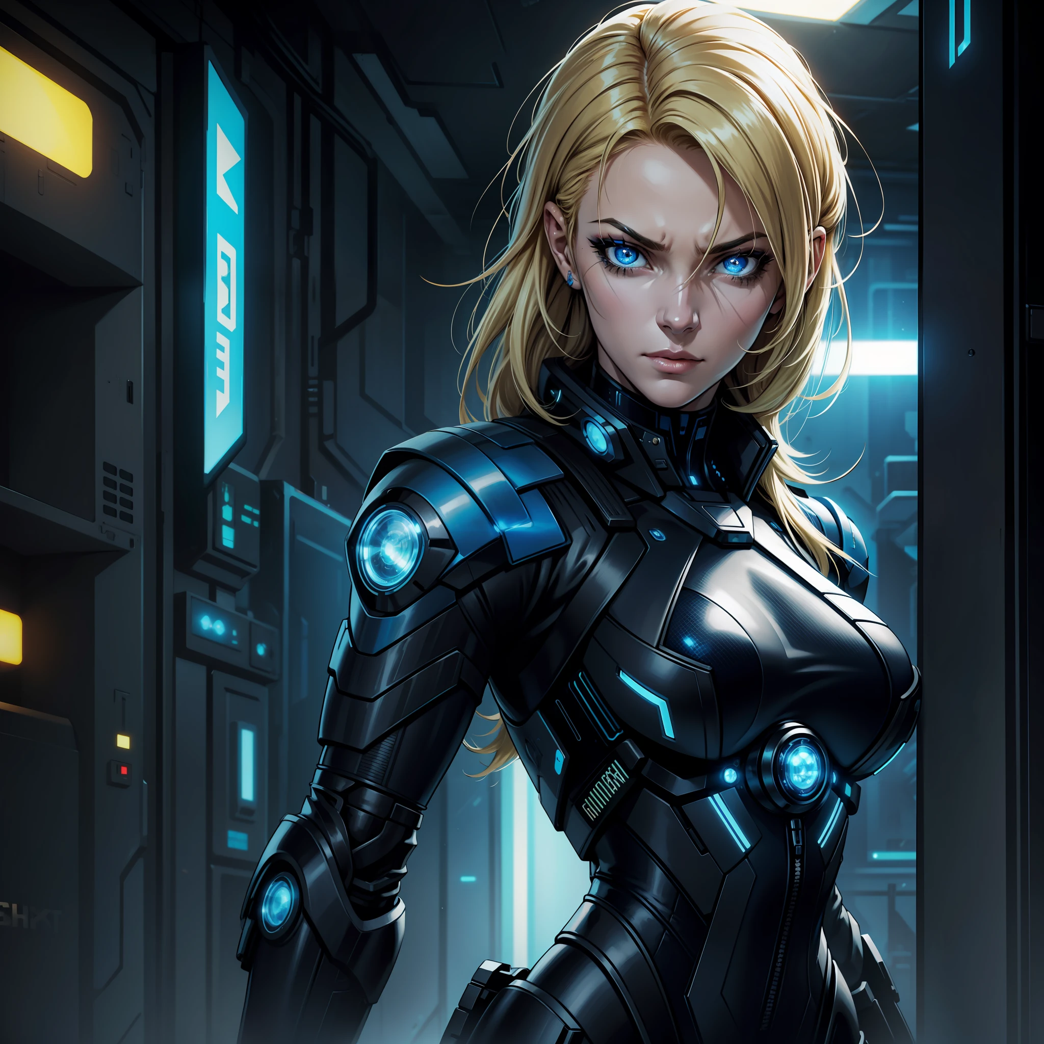 "(Blue Cyberpunk Tactical Suit:1) (1woman) dark theme :: focus on closeup face, mocking face, :: villain :: face of Katy M. O'Brian :: medium blonde hair :: ultra realistic futuristic cyberpunk agent woman, interior cyberpunk spaceship :: cool cybernetic blue tactical suit :: bright spark eyes :: natural lighting :: bokeh :: 8k :: best quality :: masterpiece :: insanely detailed:1.5"