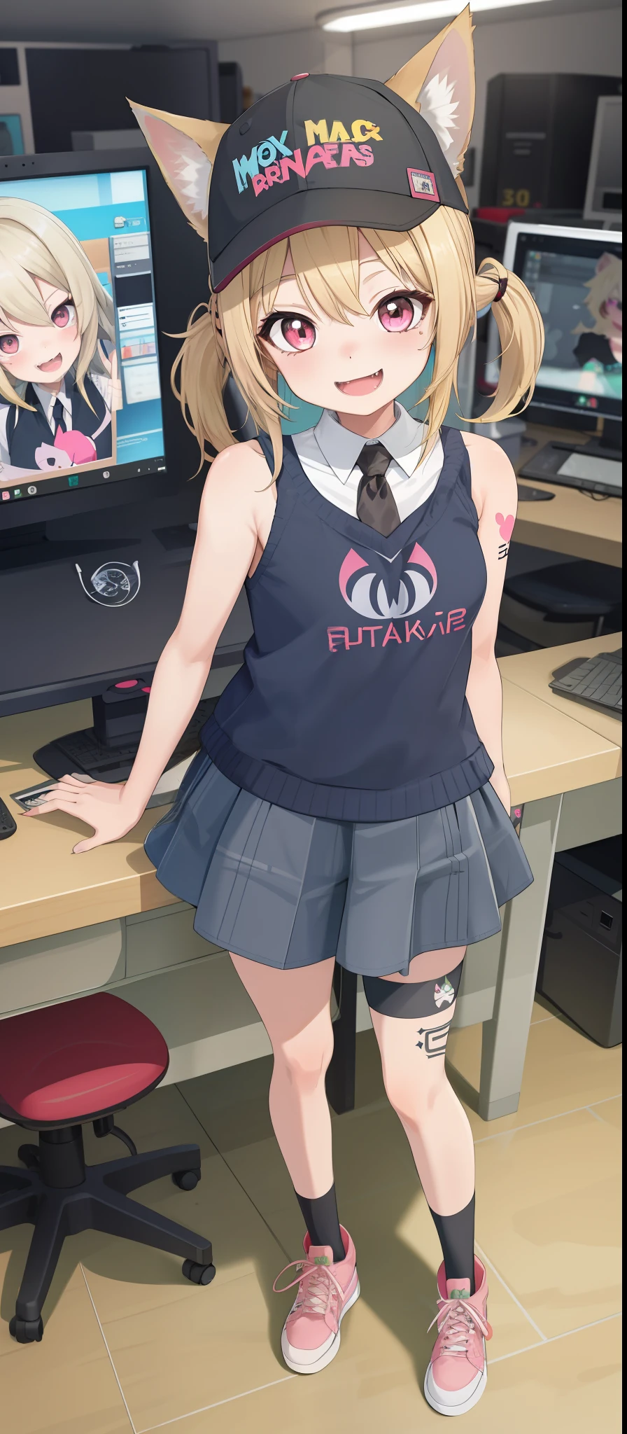 1girl, loli, cute, pink eyes, collar, masterpiece, HD, vibrant, full body view, smile, sexy, teasing look, beach, bikini, bitch, demanding look, feminine guy dressed like a girl, lace panties, flat chested, , ponitail, "sissy" tattoo, punk rock, rapper, baseball cap, blonde hair, dyed hair streaks, blonde wolf ears, blonde dog tail, long hair, cute, fangs, bratty, tattoo, chihuahua, basement, computer desk, dark lighting, monster energy, digital artist