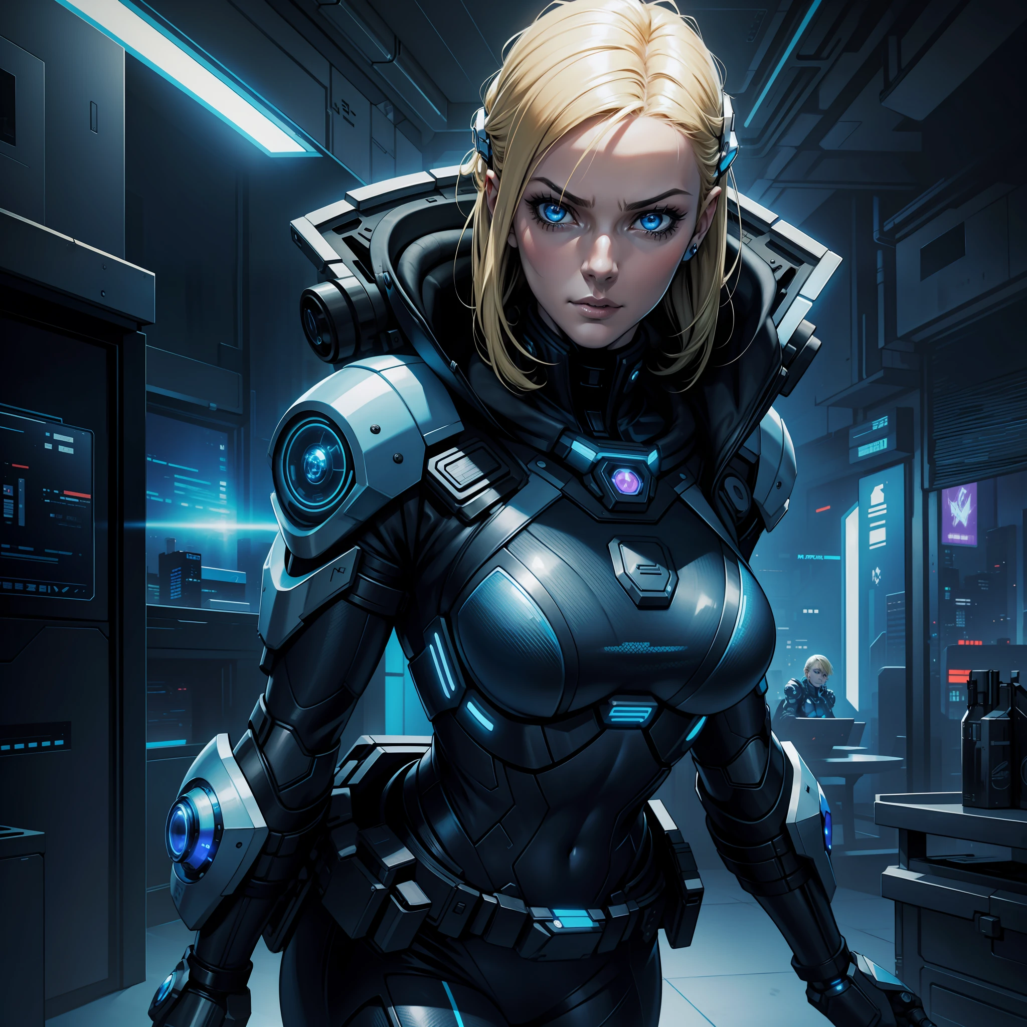 "(Blue Cyberpunk Tactical Suit:1) (1woman) dark theme :: focus on closeup face, mocking face, :: villain :: face of Katy M. O'Brian :: medium blonde hair :: ultra realistic futuristic cyberpunk agent woman, interior cyberpunk spaceship :: cool cybernetic blue tactical suit :: bright spark eyes :: natural lighting :: bokeh :: 8k :: best quality :: masterpiece :: insanely detailed:1.5"