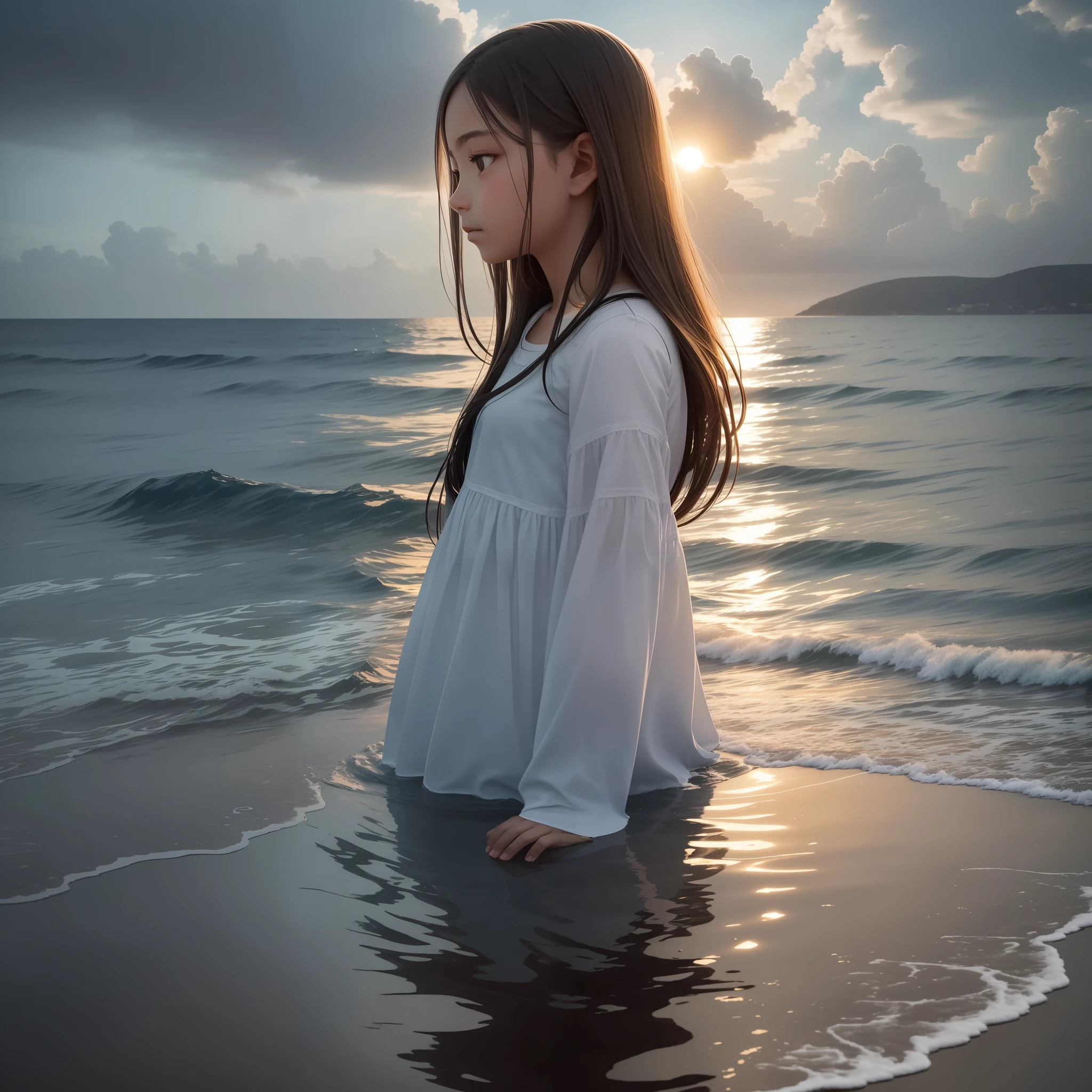 In the image, we see the sea extending as far as the eye can reach. The day is cloudy, and this creates a tranquil and contemplative atmosphere. The absence of direct sunlight suggests a sense of introspection and reflection. In the center of the image, there is a girl. Her posture indicates that she is immersed in deep thoughts, lost in her own reflections. Maybe she's looking at the distant horizon, but her facial expression suggests that her focus is turned inward. The presence of the sea, a symbol of vastness and power, can represent the immensity of the girl's thoughts and emotions. The sea can also symbolize the journey of life, with its uncertain tides and unknown depths. The cloudy environment may indicate a time of uncertainty or challenge in the girl's life, leading her to seek answers and inner clarity. The combination of the sea and the overcast day suggests a melancholic atmosphere, but also conveys a sense of calm and serenity. It is as if the girl is finding a refuge in her own introspection, seeking to understand herself and the world around her. This profound image invites us to reflect on our own inner journey, on how the environment around us can influence our thoughts, and on the importance of setting aside time for personal contemplation.