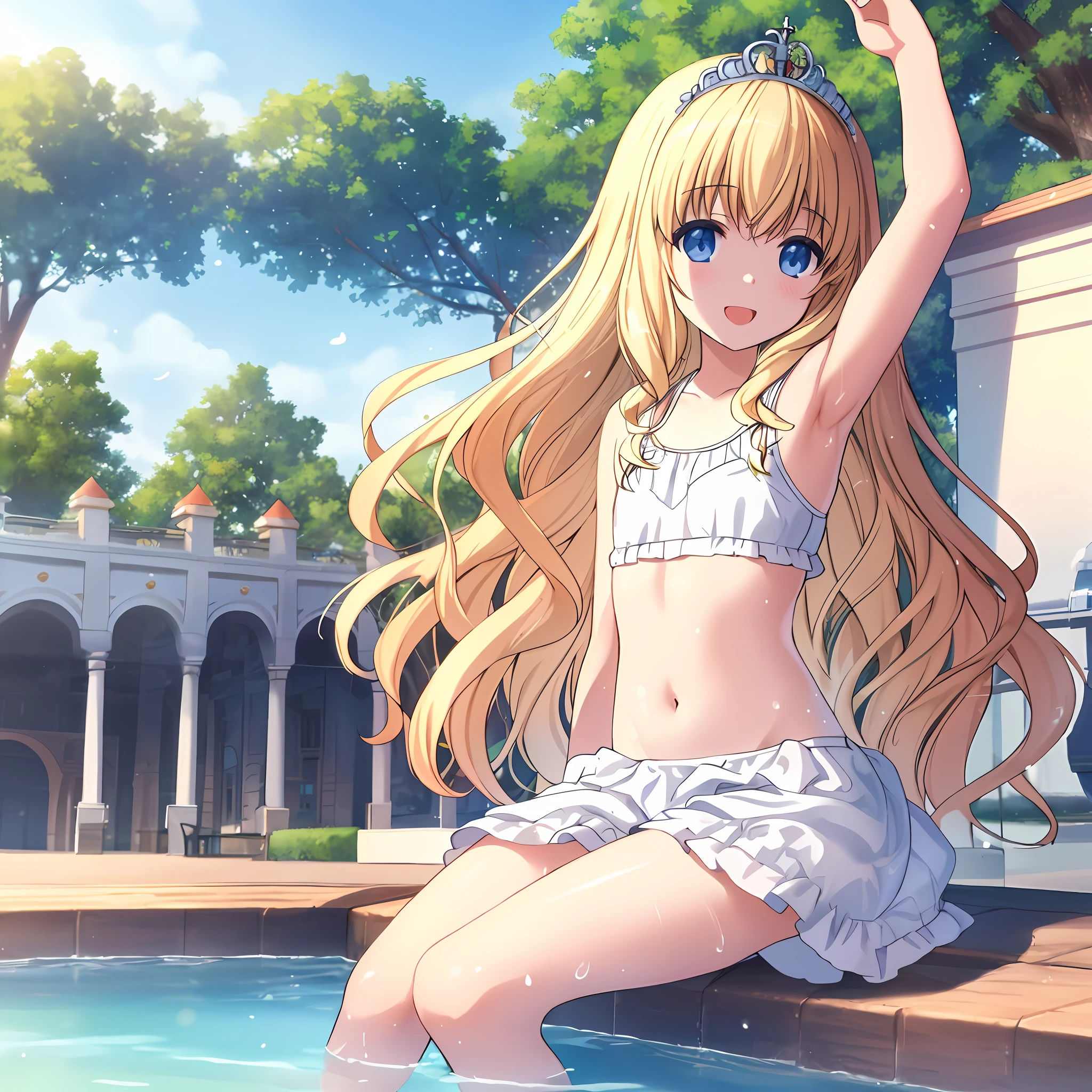best quality, (masterpiece:1.2), highly detailed, day, outdoors, (beautiful and clear background:1.2), 1girl, solo, latifa fleuranza, open mouth, happy, smile, looking at the viewer, blonde hair, long hair, very long hair, blue eyes, (finely detailed beautiful eyes: 1.2), (tiara), ((theme park)), (boat ride, bathing, wet, pond, water, water fall, water splash, plants, tree, lantren), wet body, flat chest, , armpits, (white bikini, white lace bikini), cameltoe, sitting,