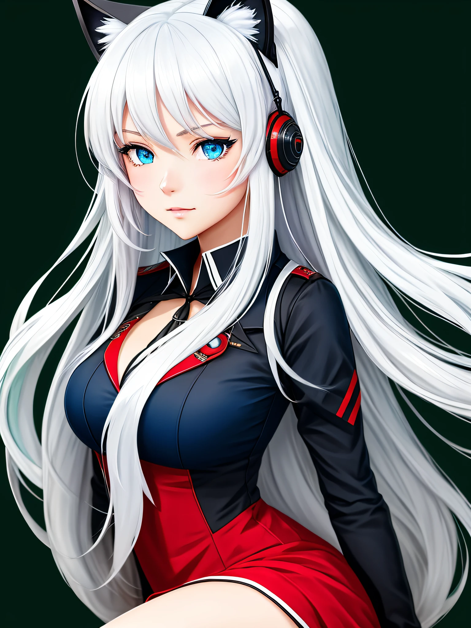 a face of an anime character with ((long white hair)), fringe between the ((blue eyes)), in front of a dark green background with no details, ((blue eyes)), frontline girls, kantai collection style, official character art, girls frontline cg, best anime 4k konachan wallpaper, girls frontline style, fus rei, azur lane style, official art,  anime girl wearing a red dress, ((red cat ear))