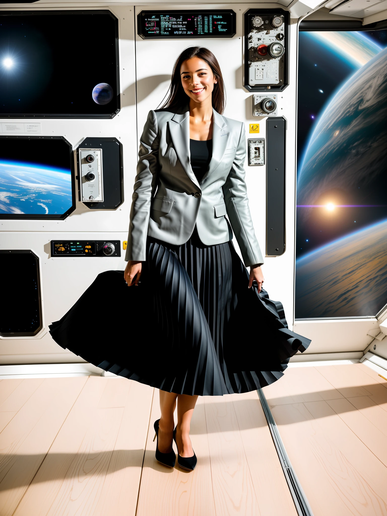 35mm f1.4 Kodak portra 400 photograph, extremely high quality RAW photograph, a therapist is playing with her skirt (in a flirting manner:1.3) on a space station, (shy) authentic (kind and tender) lesbian woman wearing a short blazer with a very very detailed (long (fully pleated) full circle skirt) and (simple) low heeled office shoes, very very intricate hyper-detailed symmetric (attractive graceful young feminine face) with (sad, tired) eyes and a (flirty smile:1.3), full of empathy and compassion and love, (pronounced feminine features:1,3), big boobs, large breasts, shirtless, topless, (highly detailed ultra accurate realistic) hands and fingers, ((windy conditions and wind blowing)), epic composition, highly detailed attributes, highly detailed atmosphere, detailed background, intricate, Exquisite details and textures, highly detailed, deep space station secret operations active background