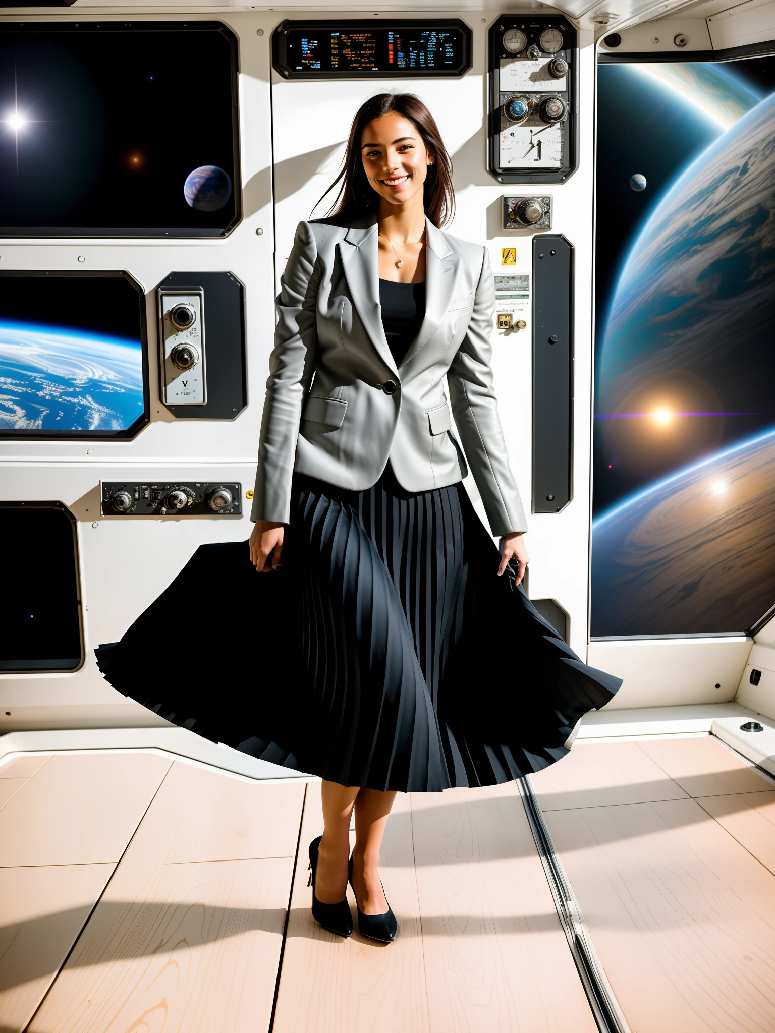 35mm f1.4 Kodak portra 400 photograph, extremely high quality RAW photograph, a therapist is playing with her skirt (in a flirting manner:1.3) on a space station, (shy) authentic (kind and tender) lesbian woman wearing a short blazer with a very very detailed (long (fully pleated) full circle skirt) and (simple) low heeled office shoes, very very intricate hyper-detailed symmetric (attractive graceful young feminine face) with (sad, tired) eyes and a (flirty smile:1.3), full of empathy and compassion and love, (pronounced feminine features:1,3), big boobs, large breasts, shirtless, topless, (highly detailed ultra accurate realistic) hands and fingers, ((windy conditions and wind blowing)), epic composition, highly detailed attributes, highly detailed atmosphere, detailed background, intricate, Exquisite details and textures, highly detailed, deep space station secret operations active background