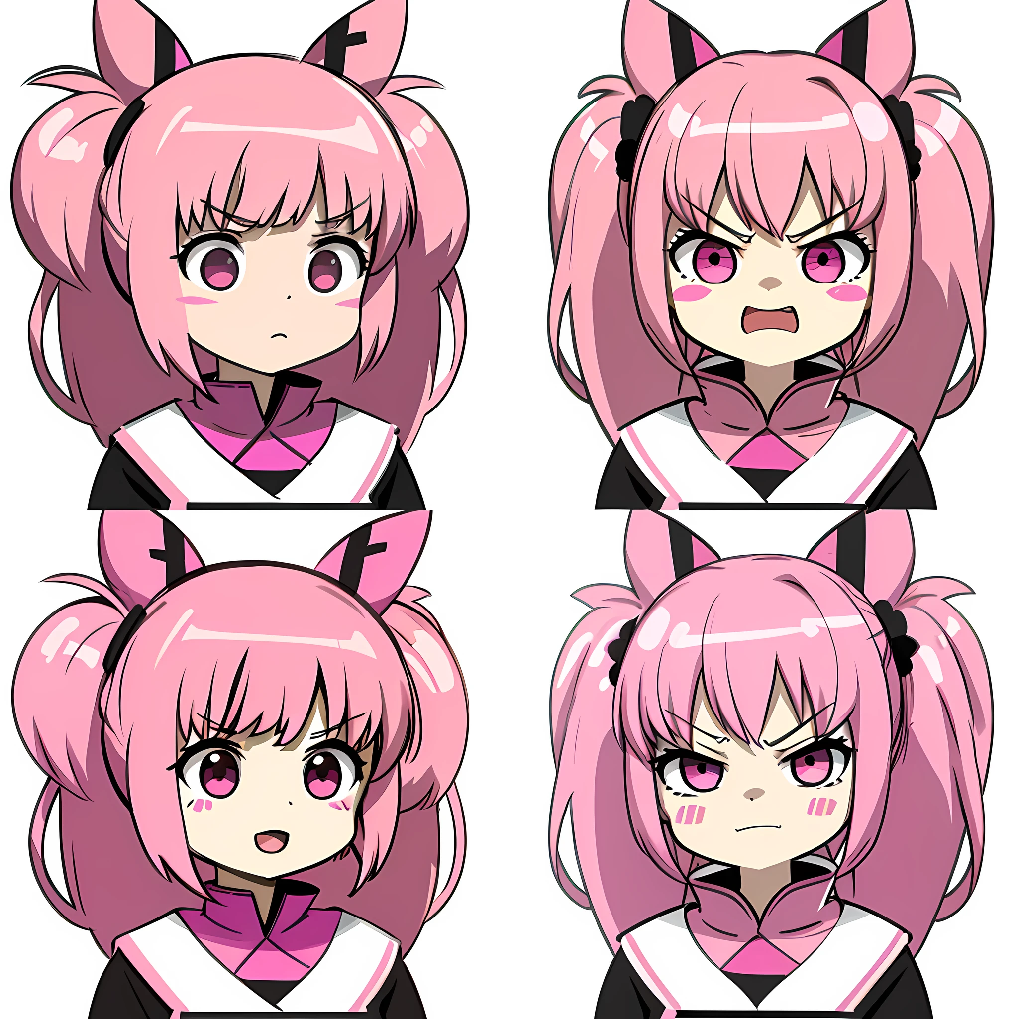 masterpiece, highly detailed, anime,(girl with pink hair in twintails, pink eyes, pale skin, )same character in multiple poses, same character set of expressions:(happy, sad, surprised, angry, serious,laughter,), simple background, emoji set, chibi variations, manga art style,dynamic pose, related characters, comic strip, cute face, official art, hd, high quality, best quality,