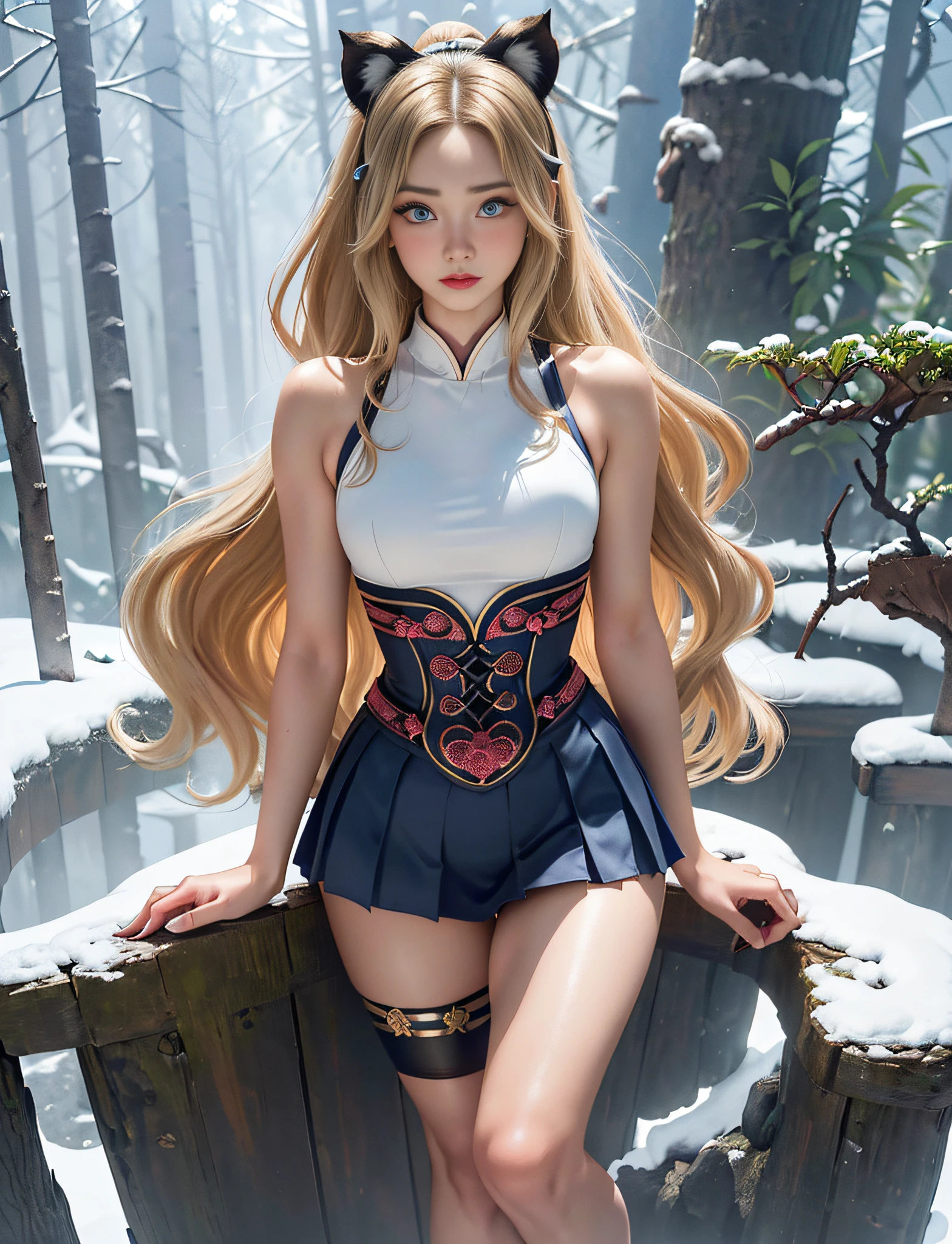 very detailed RAW color photo, (((1 girl))), (((alone))), (((30 years))), ((athletic)), ((very defined toned physique)), ((very defined and beautiful muscular body)), (((very detailed perfect body))), (((small and defined breasts))), (((ultra defined curves))), (((superior quality, 8k, masterpiece: 1.3)), sharp focus: 1.2, (((extremely beautiful girl with perfect figure: 1.4))), ((very thin waist: 1.2)), ultra detailed skin texture, ((perfect and beautiful hands)), ((smooth and soft skin)), (ultra detailed fabric texture), extremely beautiful ultra detailed face, (((extremely beautiful))), intricate details, ultra detailed, ((Nezuko Kamado cosplay of Kimetsu no Yaiba))), ((costume wears miniskirt)), (((extremely long straight blonde hair))), extremely beautiful, (((extra long ponytail with bangs))), ((very detailed and beautiful tiger ears)), (hair on the face), ((hair ribbon)), dynamic pose, ((uniform leaves thighs exposed)), ((ultra detailed legs)), (((ultra detailed waist))), (((very wide hips))), (((very thick thighs))), (sexy), (((extreme hourglass figure))), (((very thick heart lips))), ((red lipstick)), ((ultra detailed lips)), ((ultra detailed blue eyes)), ((angry look)), (((staring at the viewer))), ultra detailed provocative mouth, extremely beautiful seductive lips, ((blushing)), (makeup), (((ultra defined waist))), eye shadow, (full body shot), (hiking boots), in a snowy forest
