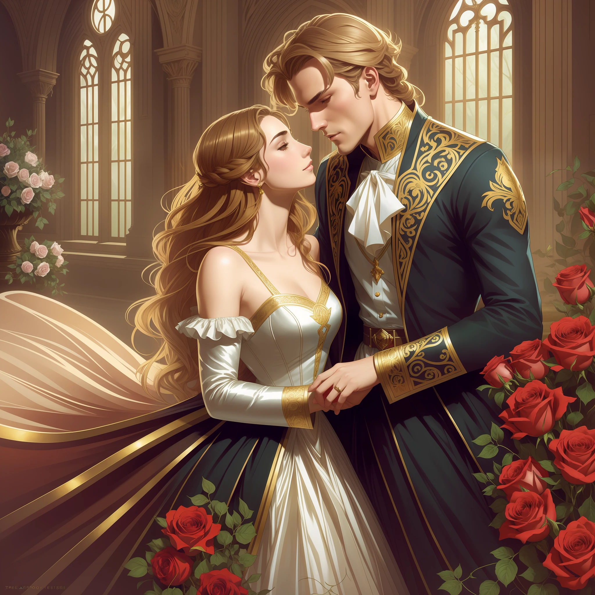 Couple kisses a home and a woman with much affection, the man Neels Visser is a prince who has golden blonde hair, wears a medieval military outfit and is in love with the commoner woman Lily Collins, who has curly brown black hair and wears a red dress, illustration of a romance book cover with a detailed background,  smooth, bright full of ivy-covered flowers and red roses, castle, ornate dress standing on a bed of roses, rim light, dynamic lighting, ethereal lighting, ultra detail, conceptual art, elegant, surreal, art by Lisa Aisato, Greg Hildebrandt, Citemer Liu, Stjepan Sejic, Samyang, Aykut Aydogdu, Justin Gerard, Alphonse Mucha, Artgerm, WLOP and Greg Rutkowski