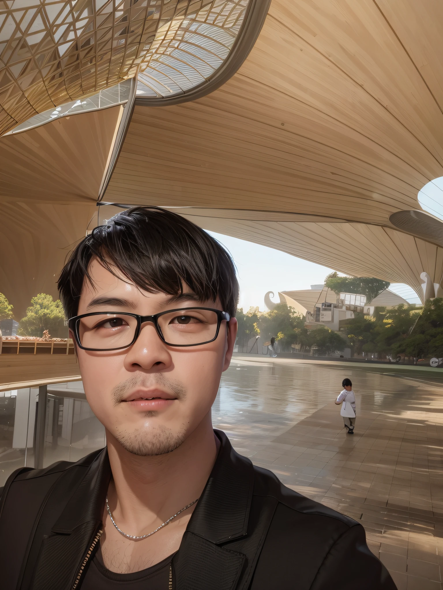 there is a man that is standing in front of a building, 8k selfie photograph, leng jun, park in background, xintong chen, selfie shot straight on angle, wide - angle portrait, with a park in the background, zezhou chen, jinyiwei, selfie photo, zeng fanzh, with wide angle lens, standing in a botanical garden